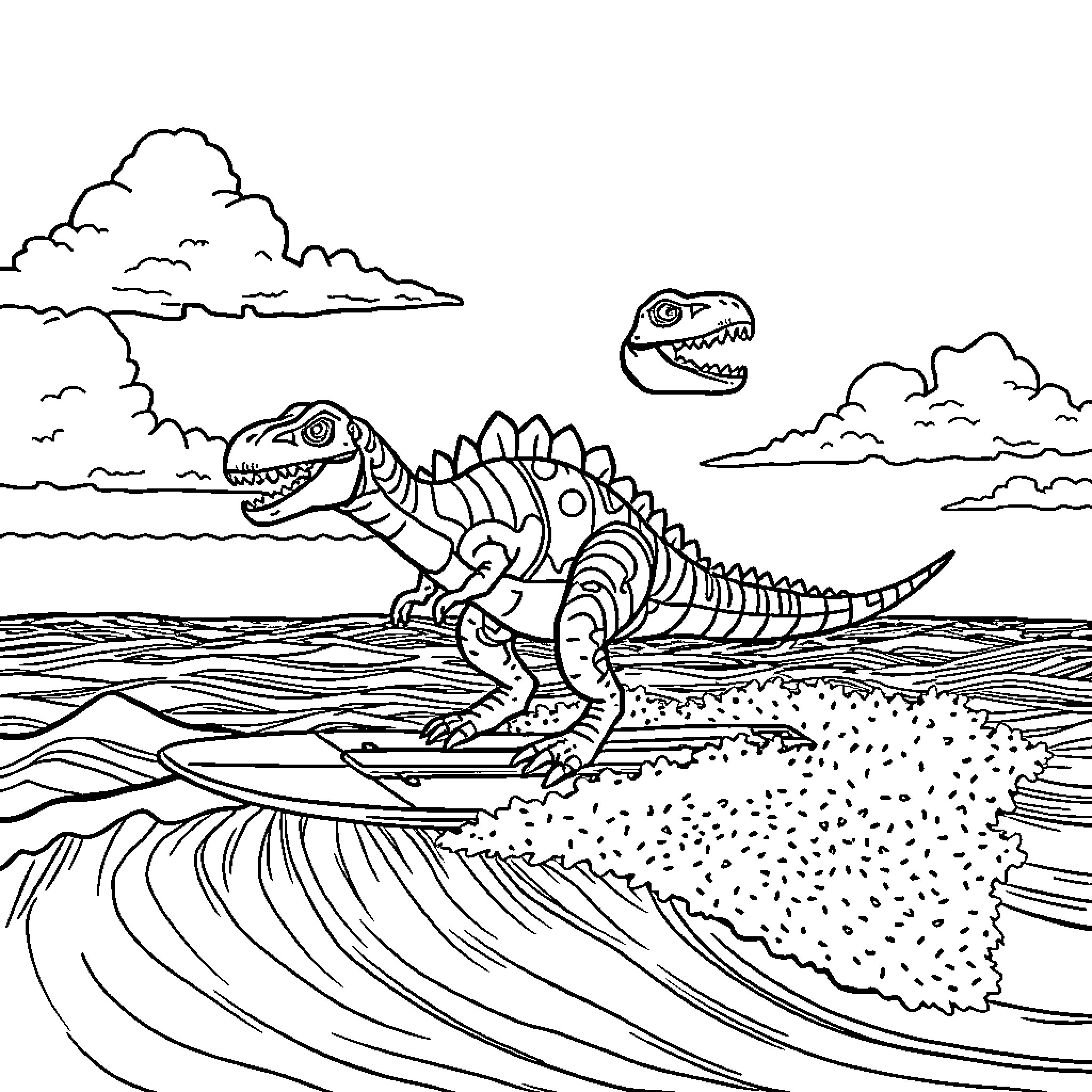 Dinosaur surfing the waves in a scenic seascape Coloring Page (free black-and-white line drawing printable PDF for all, from beginners to advanced learners, including children, teens, adults, and seniors)