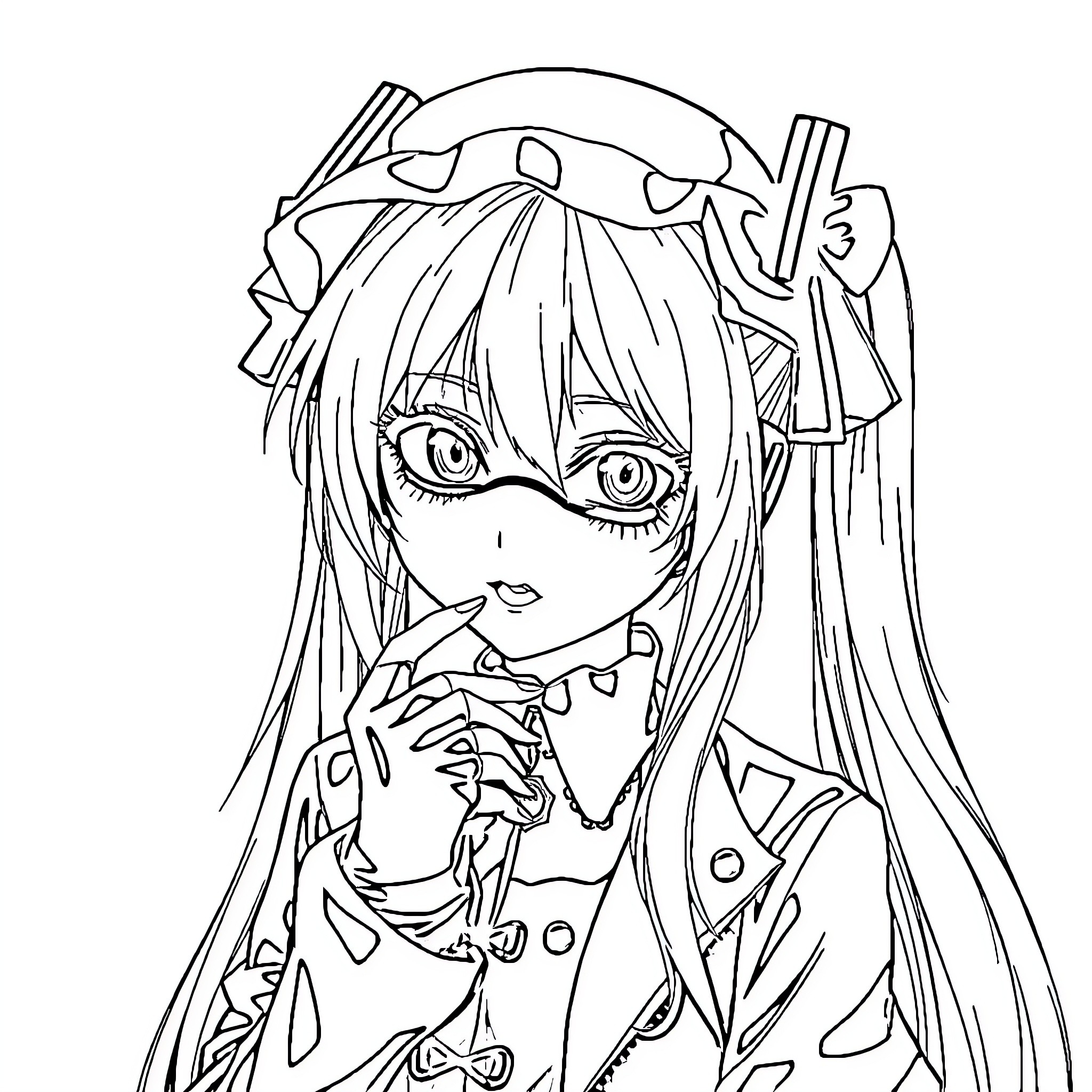 Hatsune Miku dressed in a stylized outfit with accessories Coloring Page (free black-and-white line drawing printable PDF for all, from beginners to advanced learners, including children, teens, adults, and seniors)