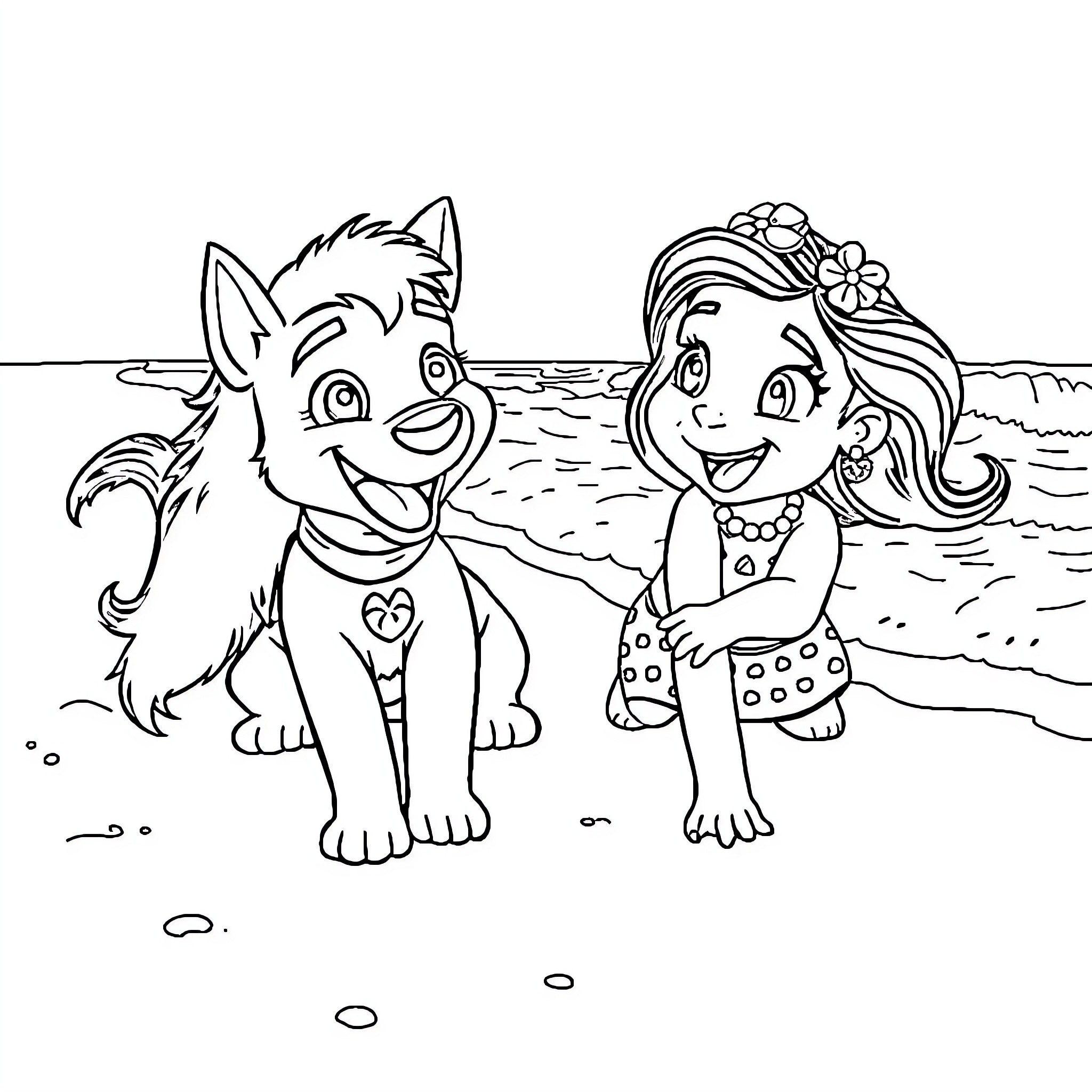 Alsa's Beach Adventure with Furry Friend Coloring Page (free black-and-white line drawing printable PDF for all, from beginners to advanced learners, including children, teens, adults, and seniors)