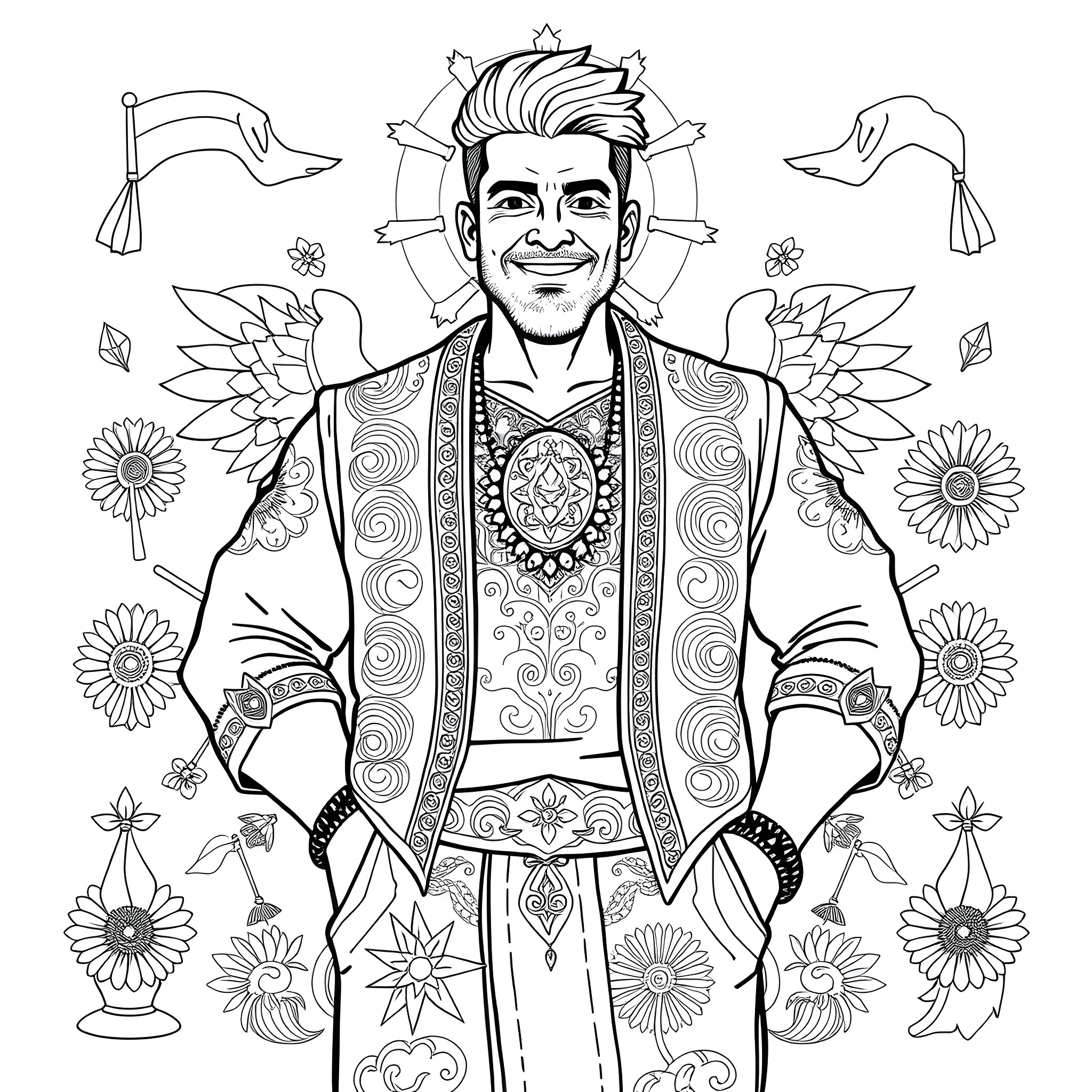 Man in traditional folk costume with floral ornaments Coloring Page (free black-and-white line drawing printable PDF for all, from beginners to advanced learners, including children, teens, adults, and seniors)