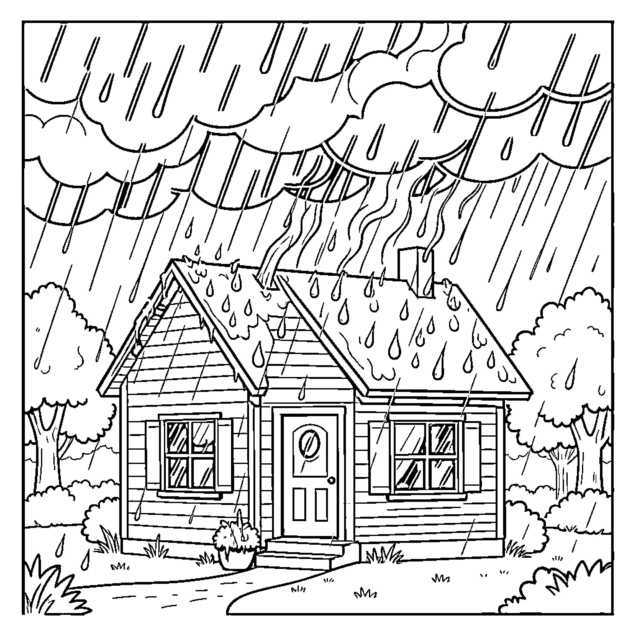 Cloud raining heavily over a small house Coloring Page (free black-and-white line drawing printable PDF for all, from beginners to advanced learners, including children, teens, adults, and seniors)