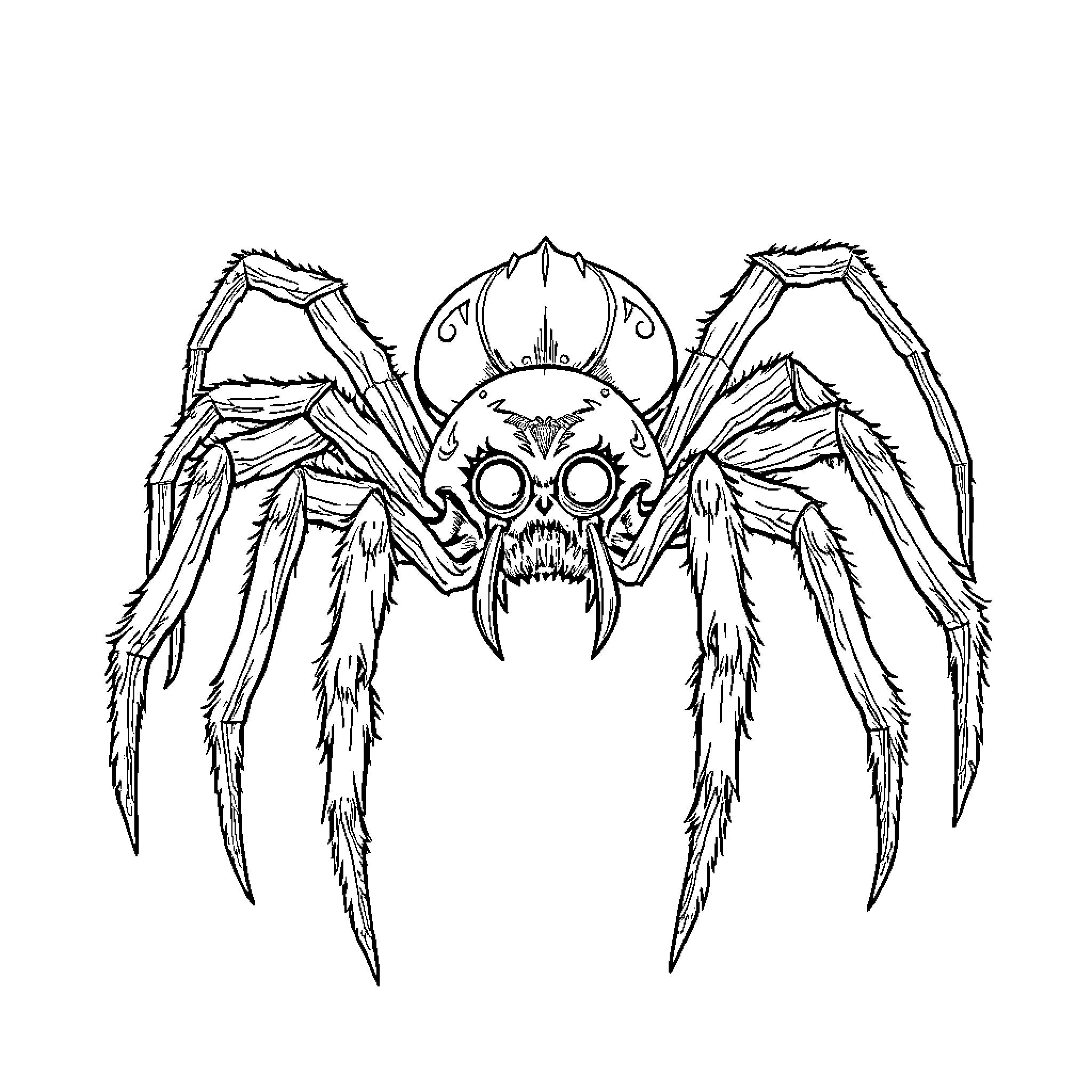 Spider with menacing expression and sharp limbs Coloring Page (free black-and-white line drawing printable PDF for all, from beginners to advanced learners, including children, teens, adults, and seniors)