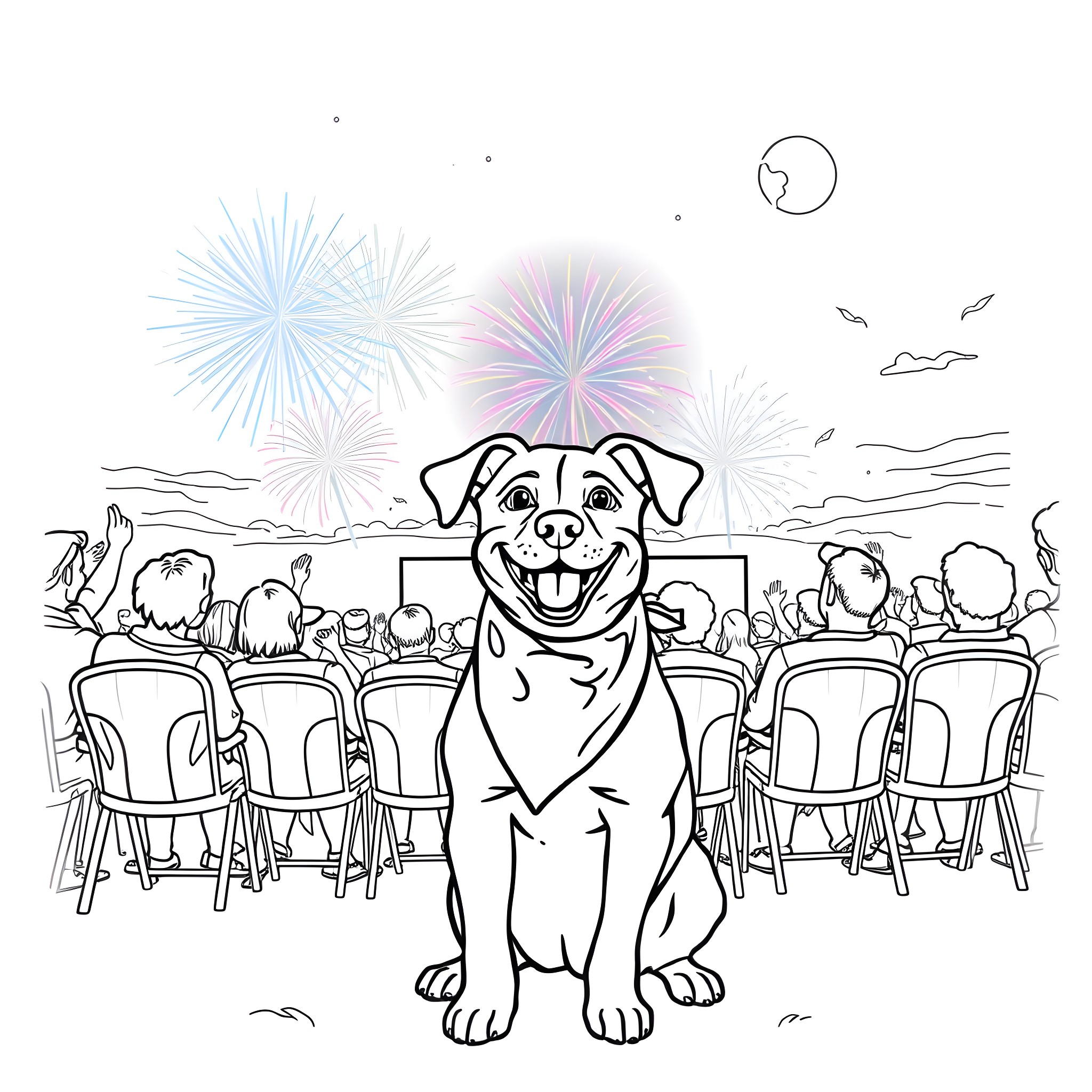 Dog watching fireworks display with crowd Coloring Page (free black-and-white line drawing printable PDF for all, from beginners to advanced learners, including children, teens, adults, and seniors)
