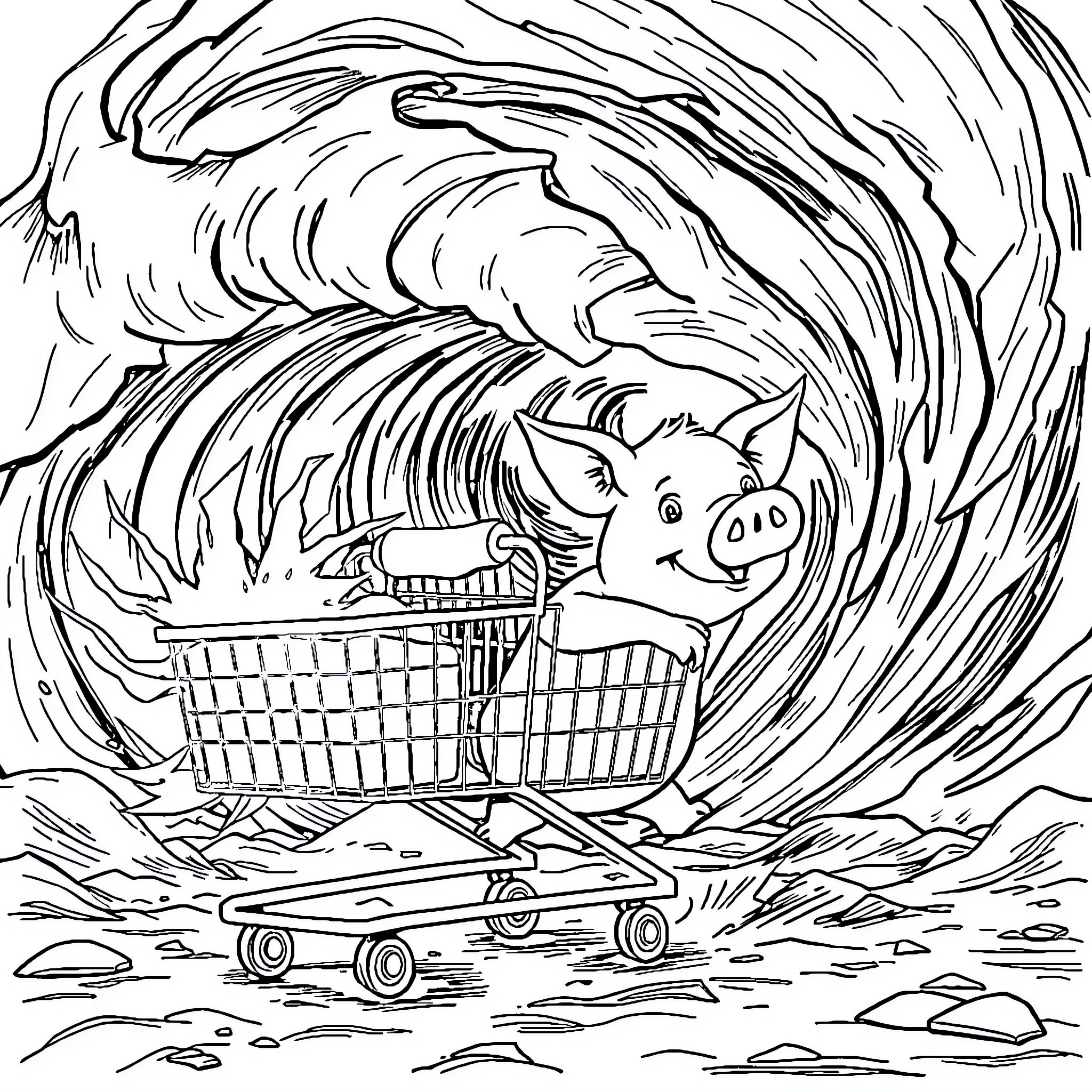 Pig riding a shopping cart through a stormy wind Coloring Page (free black-and-white line drawing printable PDF for all, from beginners to advanced learners, including children, teens, adults, and seniors)