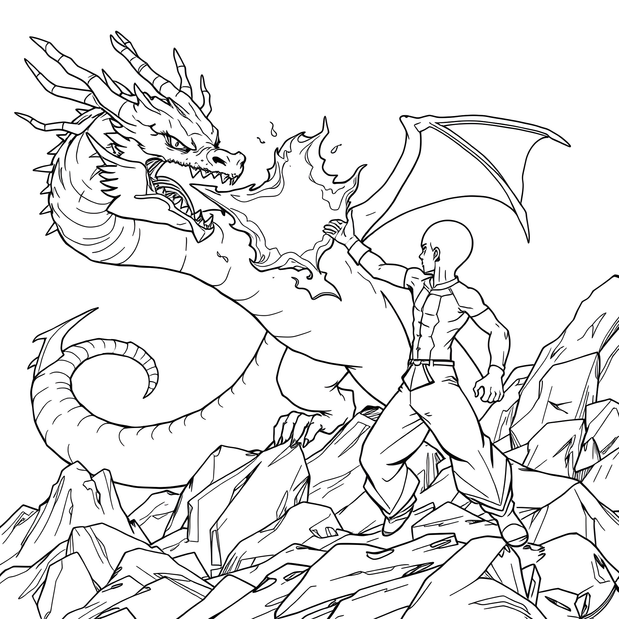 Dragon warrior battling a fierce dragon in a rocky landscape Coloring Page (free black-and-white line drawing printable PDF for all, from beginners to advanced learners, including children, teens, adults, and seniors)