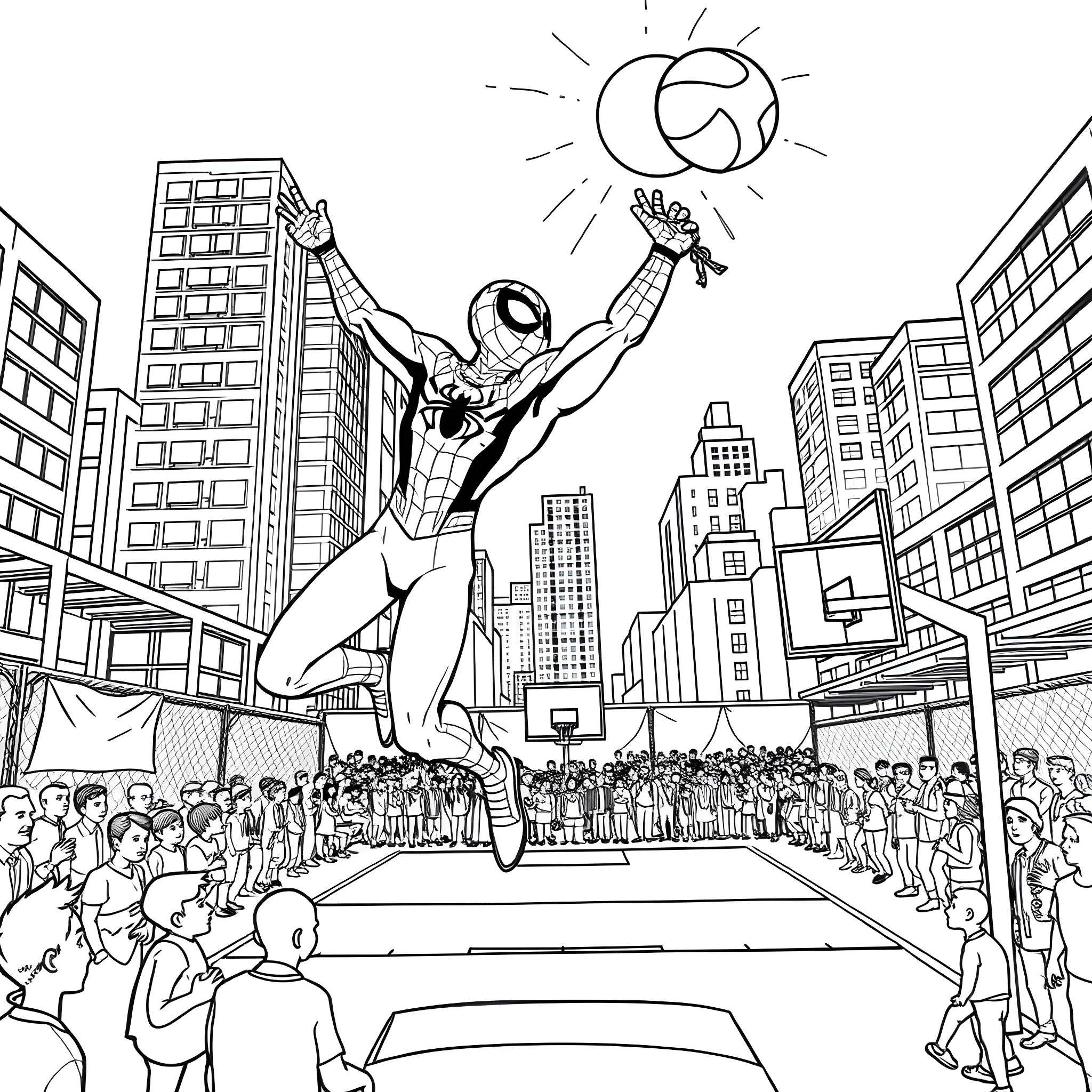 Spiderman performing heroic leap over the city Coloring Page (free black-and-white line drawing printable PDF for all, from beginners to advanced learners, including children, teens, adults, and seniors)