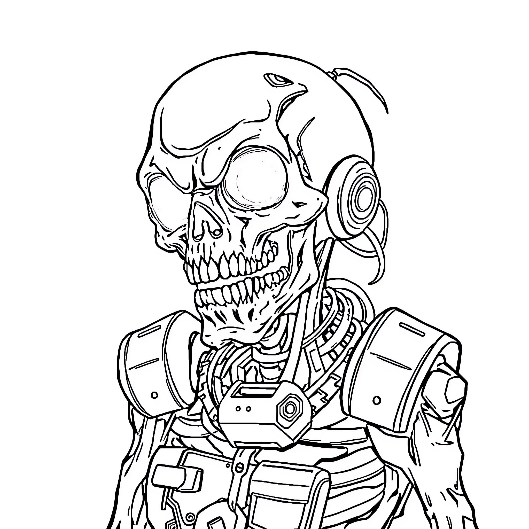 Cyberzombie wielding high-tech weaponry Coloring Page (free black-and-white line drawing printable PDF for all, from beginners to advanced learners, including children, teens, adults, and seniors)