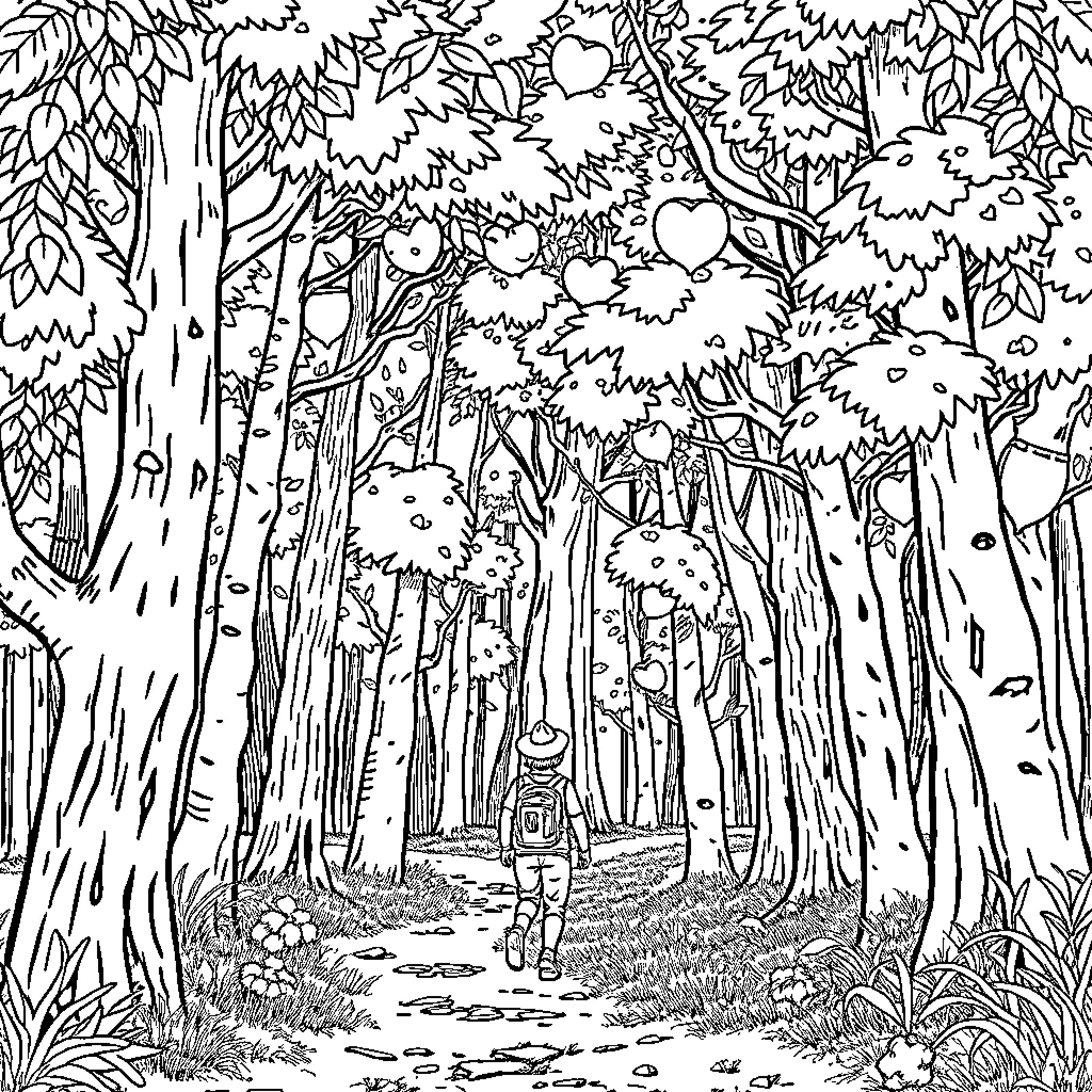 Scout exploring the enchanted forest Coloring Page (free black-and-white line drawing printable PDF for all, from beginners to advanced learners, including children, teens, adults, and seniors)