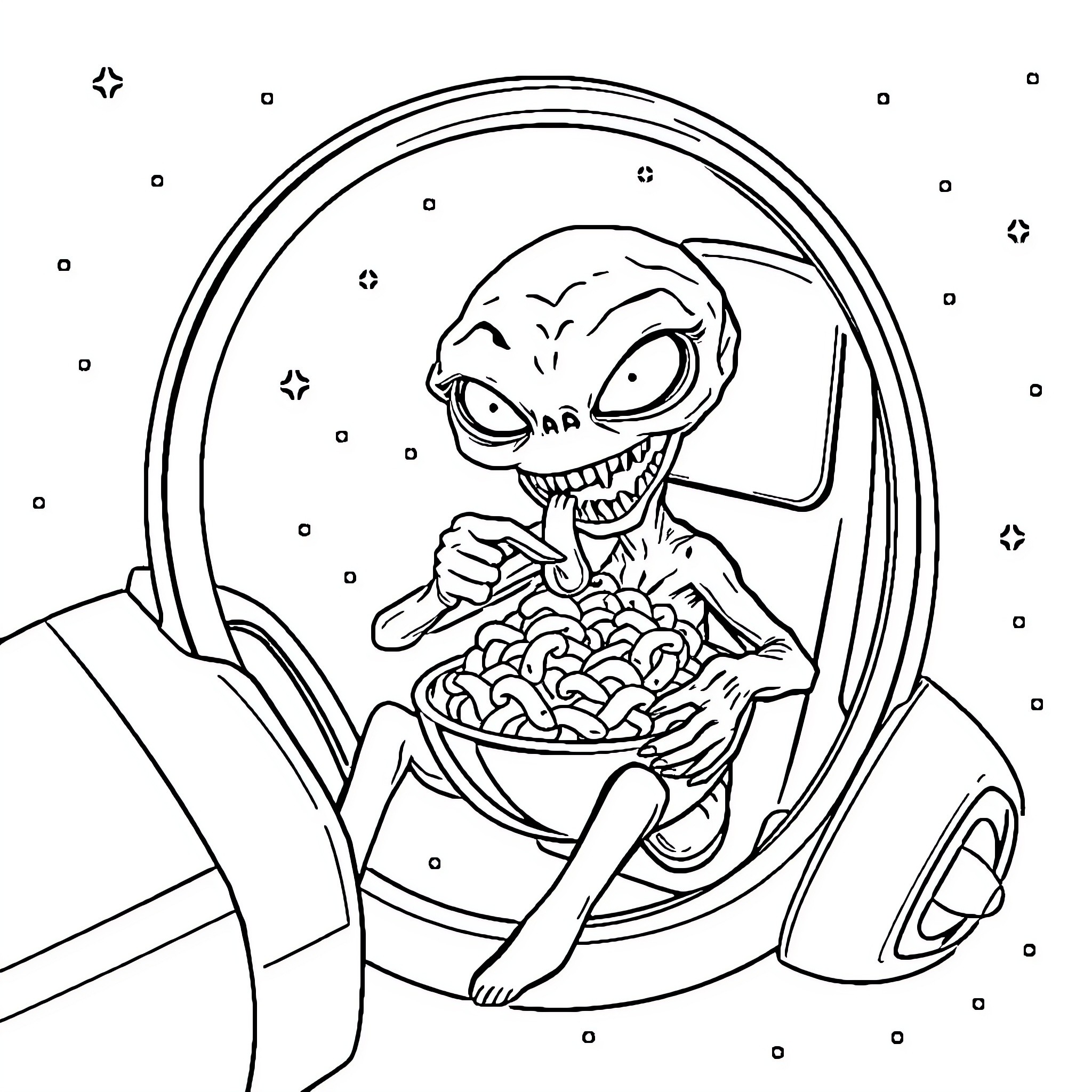 Alien creature enjoying a snack in a space capsule Coloring Page (free black-and-white line drawing printable PDF for all, from beginners to advanced learners, including children, teens, adults, and seniors)