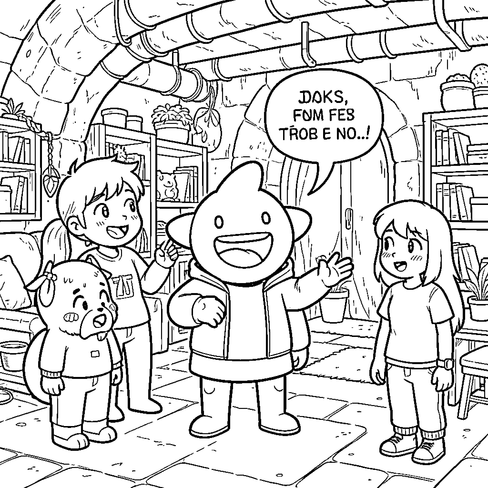 Sans group of friends chatting happily in a room Coloring Page (free black-and-white line drawing printable PDF for all, from beginners to advanced learners, including children, teens, adults, and seniors)