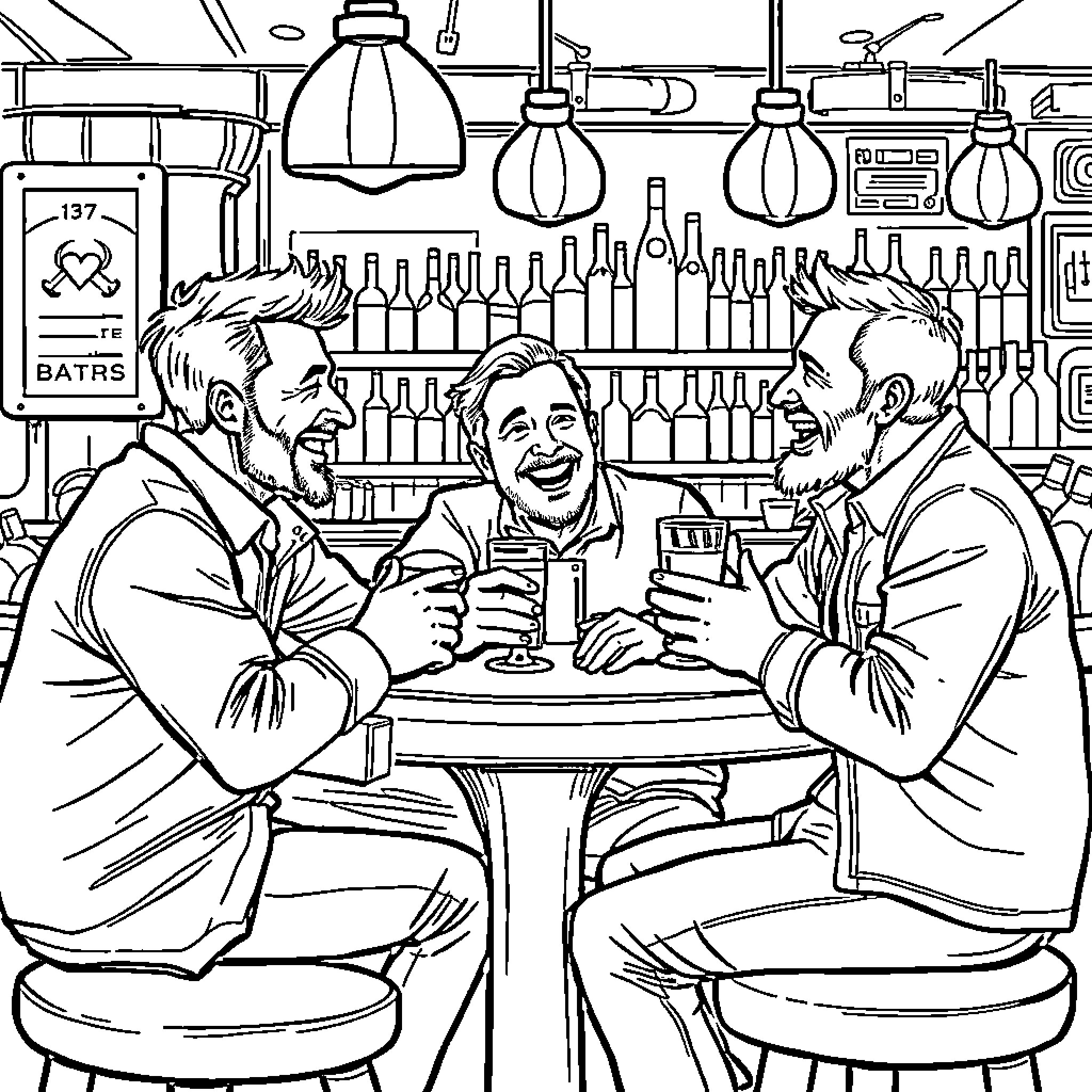 Men enjoying drinks and conversation in a bar Coloring Page (free black-and-white line drawing printable PDF for all, from beginners to advanced learners, including children, teens, adults, and seniors)