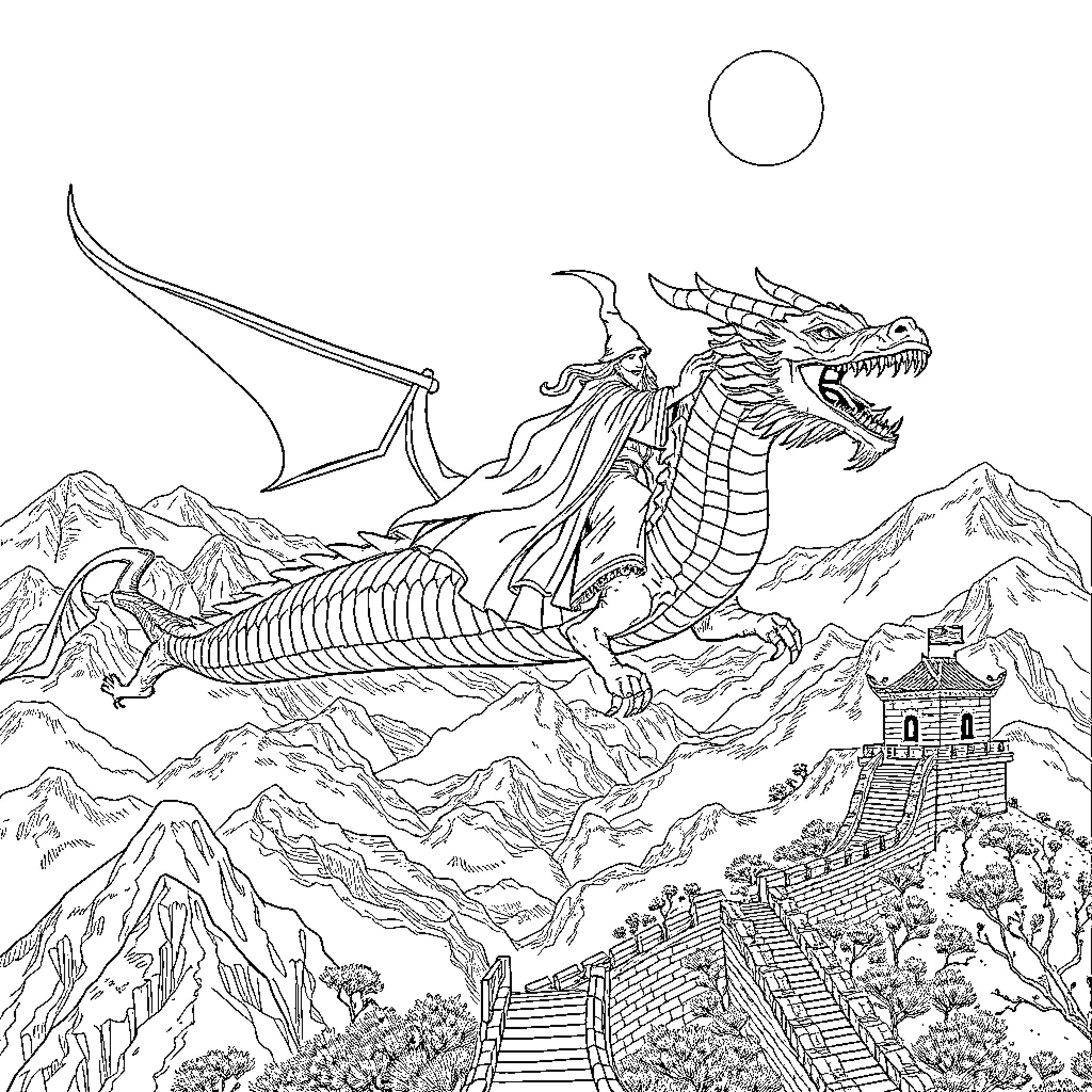 Wizard dragon soaring over ancient mystical landscape Coloring Page (free black-and-white line drawing printable PDF for all, from beginners to advanced learners, including children, teens, adults, and seniors)