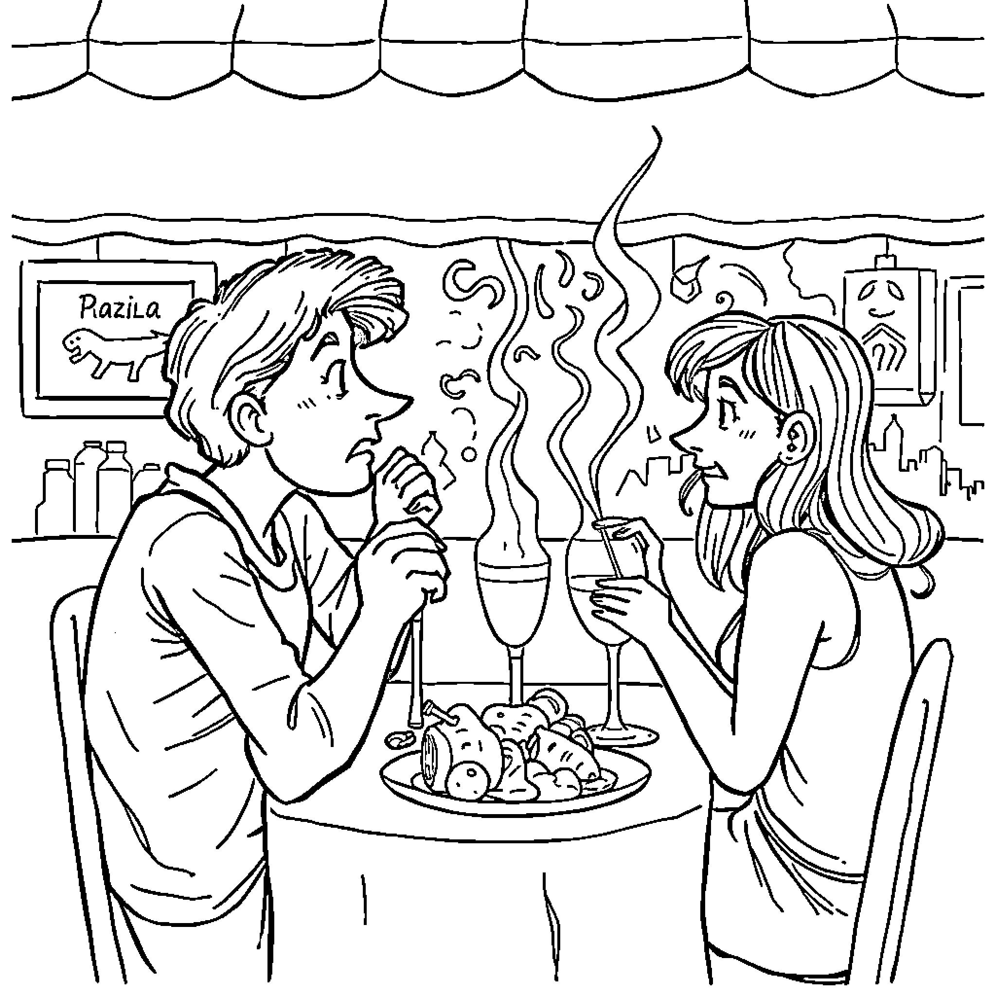 Italian Couple Enjoying Drinks and Snacks at Restaurant Coloring Page (free black-and-white line drawing printable PDF for all, from beginners to advanced learners, including children, teens, adults, and seniors)