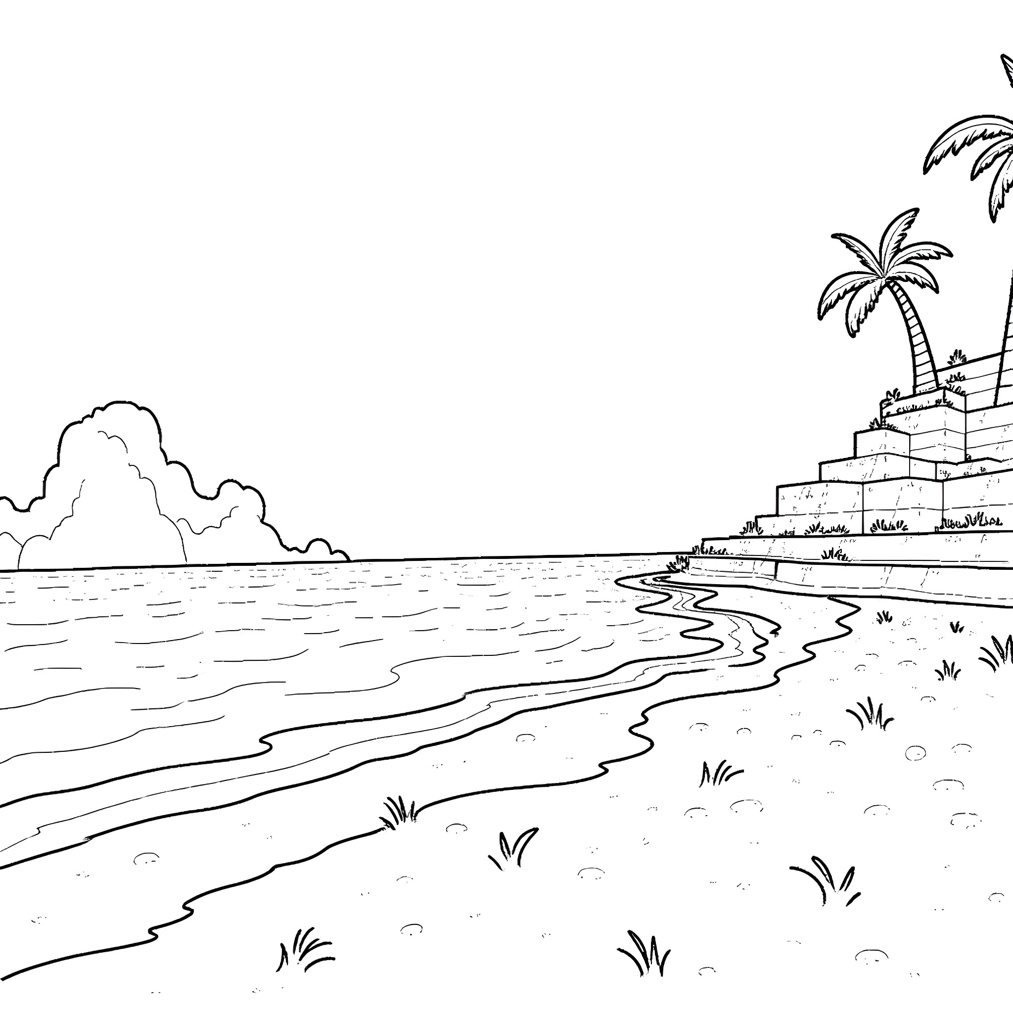 Minecraft characters on a tropical beach scene Coloring Page (free black-and-white line drawing printable PDF for all, from beginners to advanced learners, including children, teens, adults, and seniors)