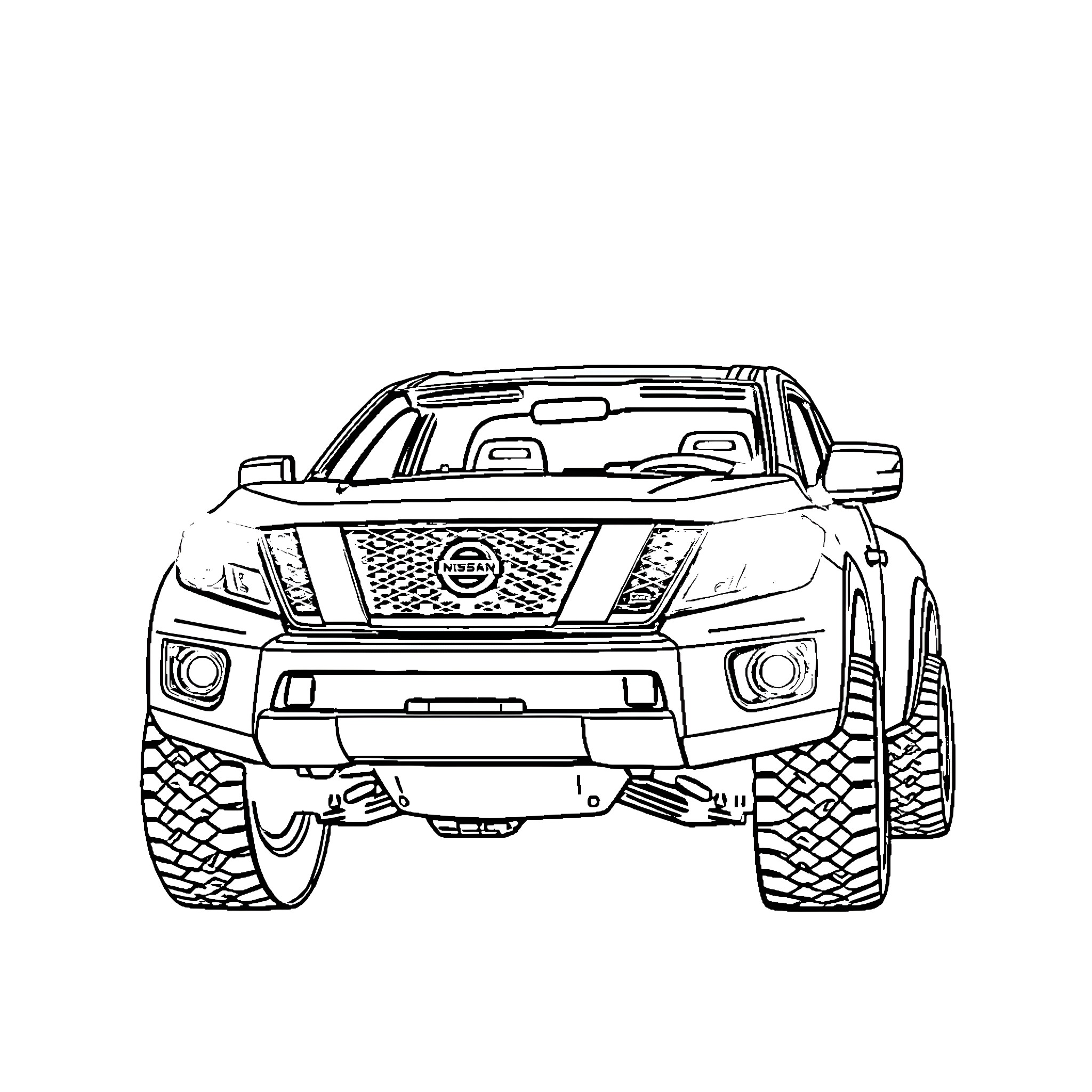 Nissan Pickup Truck in Rugged Outdoor Setting Coloring Page (free black-and-white line drawing printable PDF for all, from beginners to advanced learners, including children, teens, adults, and seniors)
