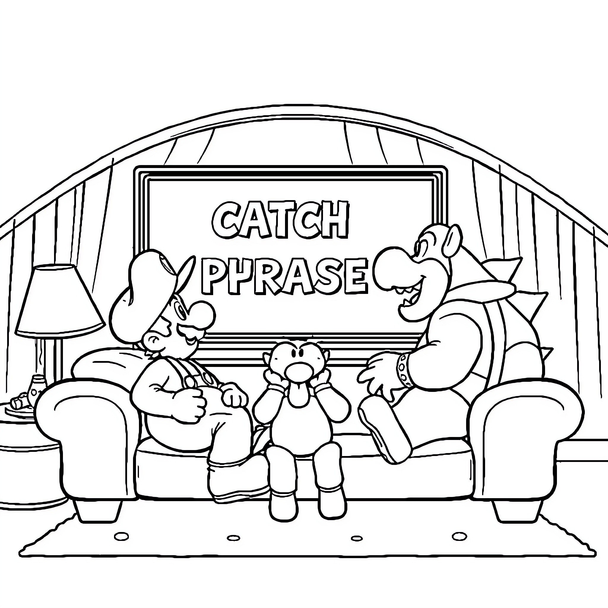 Mario and friends watching Catch Phrase game show Coloring Page (free black-and-white line drawing printable PDF for all, from beginners to advanced learners, including children, teens, adults, and seniors)