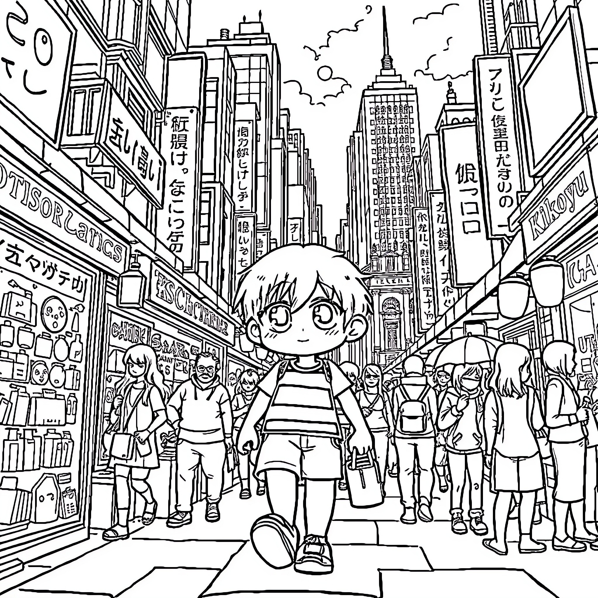 Kirikou explores a bustling city street Coloring Page (free black-and-white line drawing printable PDF for all, from beginners to advanced learners, including children, teens, adults, and seniors)