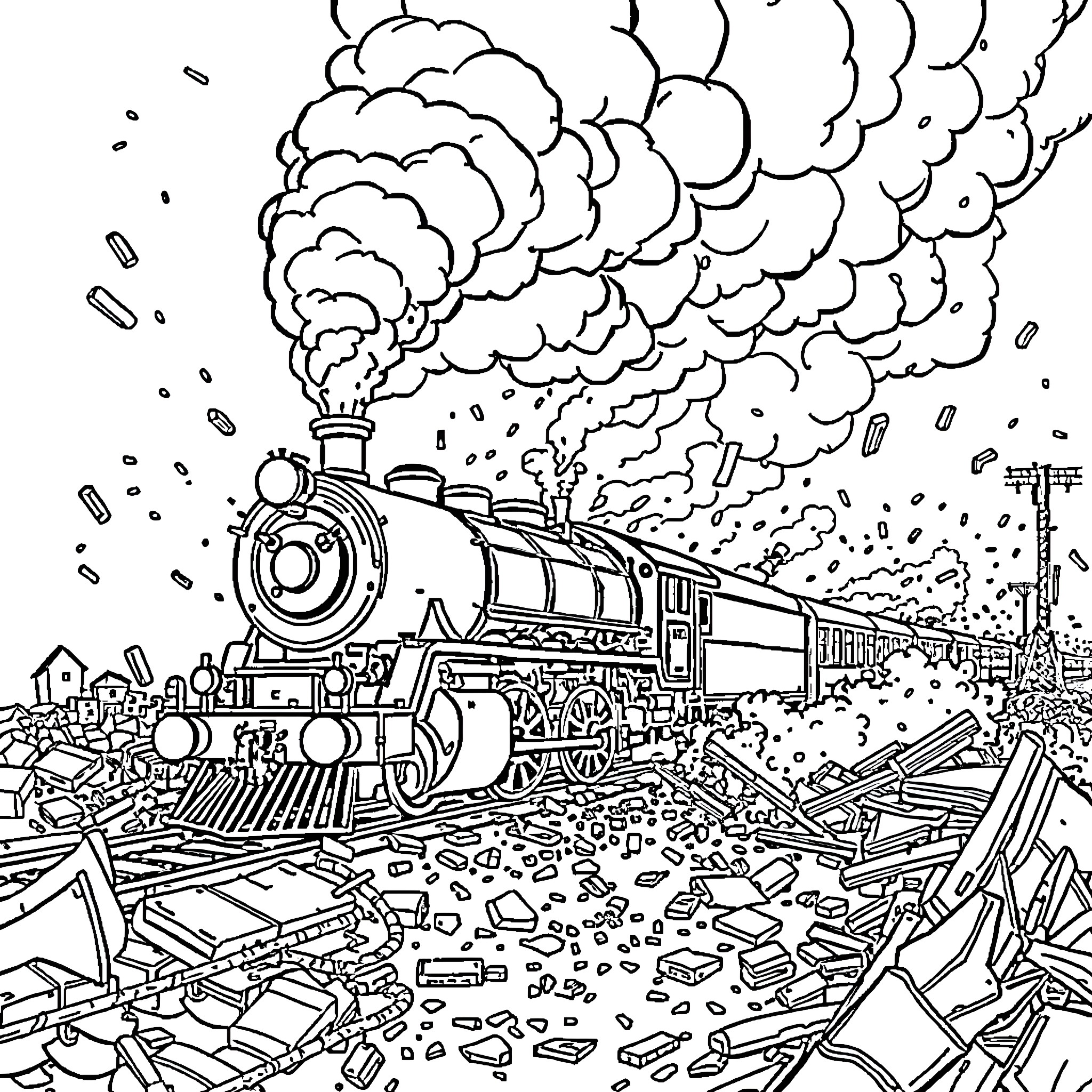 Steam Train Speeding Through Debris-Filled Landscape Coloring Page (free black-and-white line drawing printable PDF for all, from beginners to advanced learners, including children, teens, adults, and seniors)