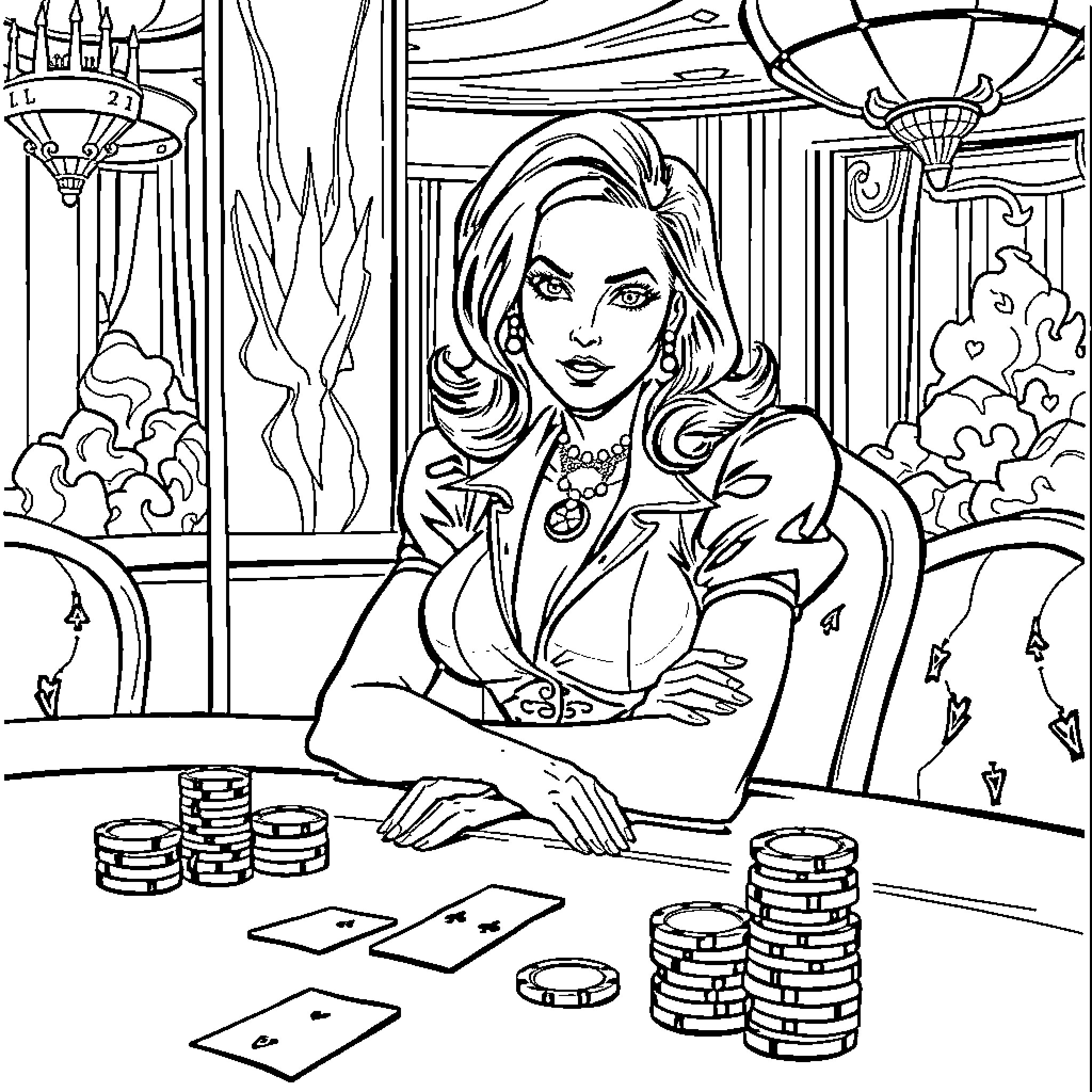 Jill Valentine at the Poker Table Coloring Page (free black-and-white line drawing printable PDF for all, from beginners to advanced learners, including children, teens, adults, and seniors)