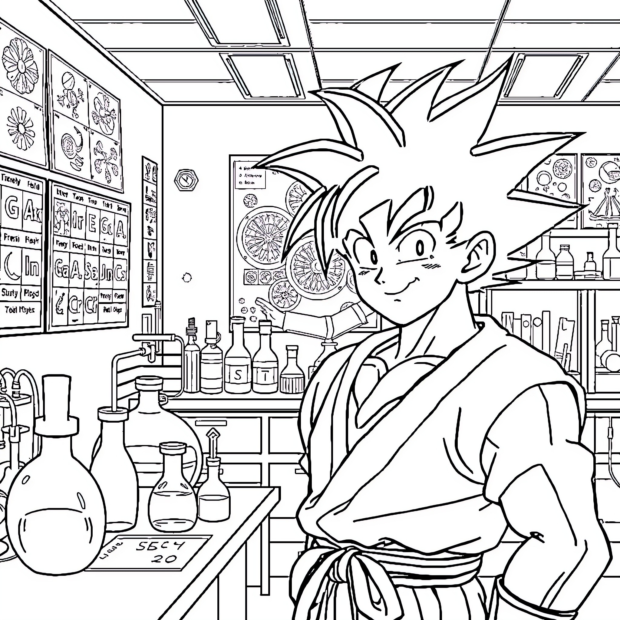 Son Goku in a Laboratory Setting Coloring Page (free black-and-white line drawing printable PDF for all, from beginners to advanced learners, including children, teens, adults, and seniors)