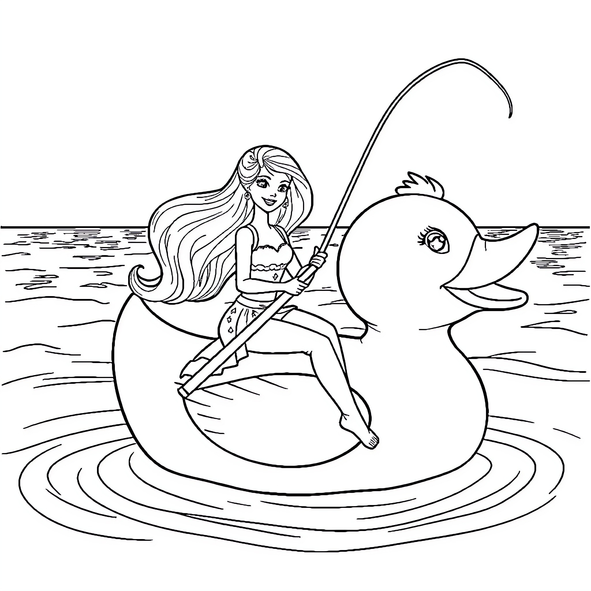 Barbie fishing with a giant duck float Coloring Page (free black-and-white line drawing printable PDF for all, from beginners to advanced learners, including children, teens, adults, and seniors)