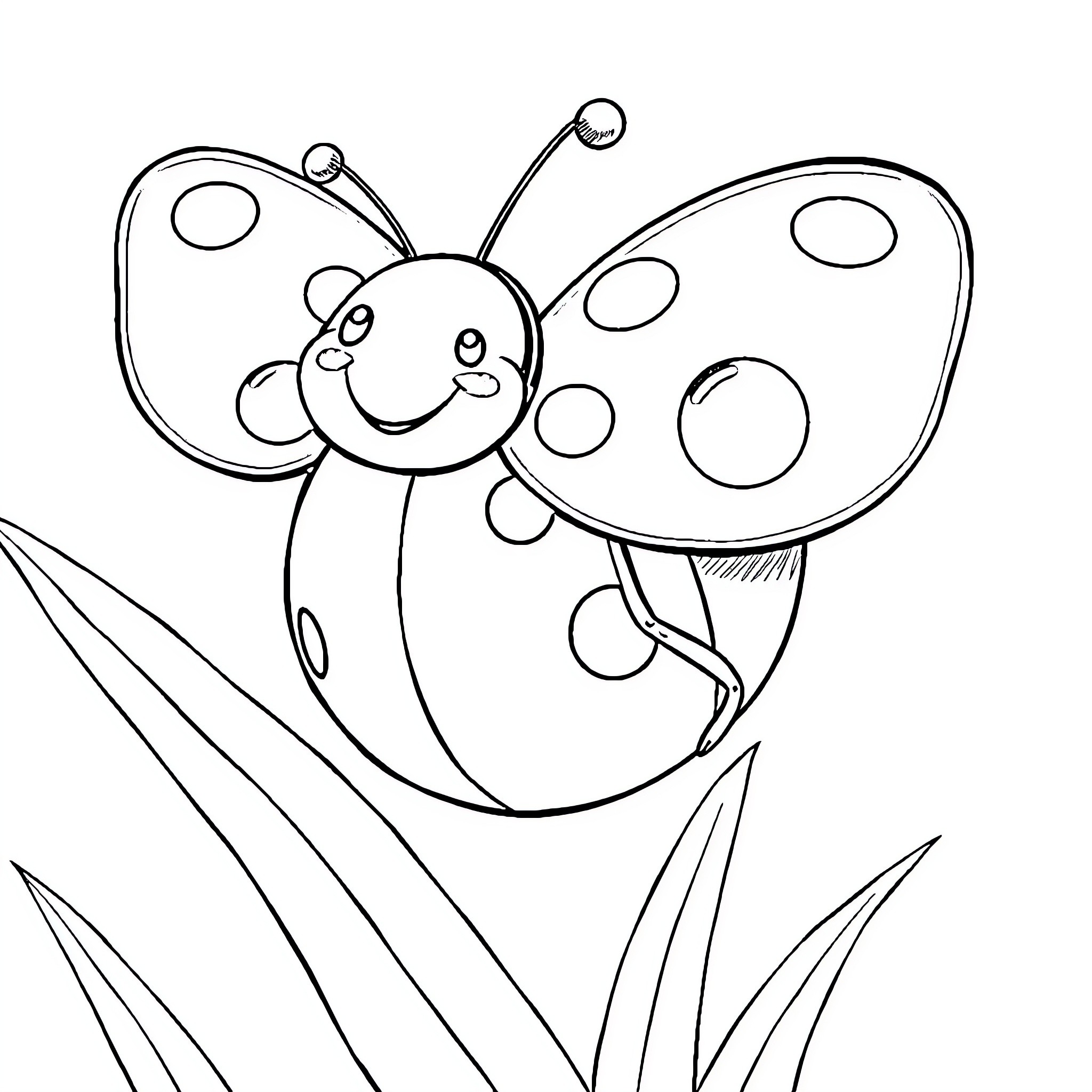 Ladybug flying happily in the grass Coloring Page (free black-and-white line drawing printable PDF for all, from beginners to advanced learners, including children, teens, adults, and seniors)