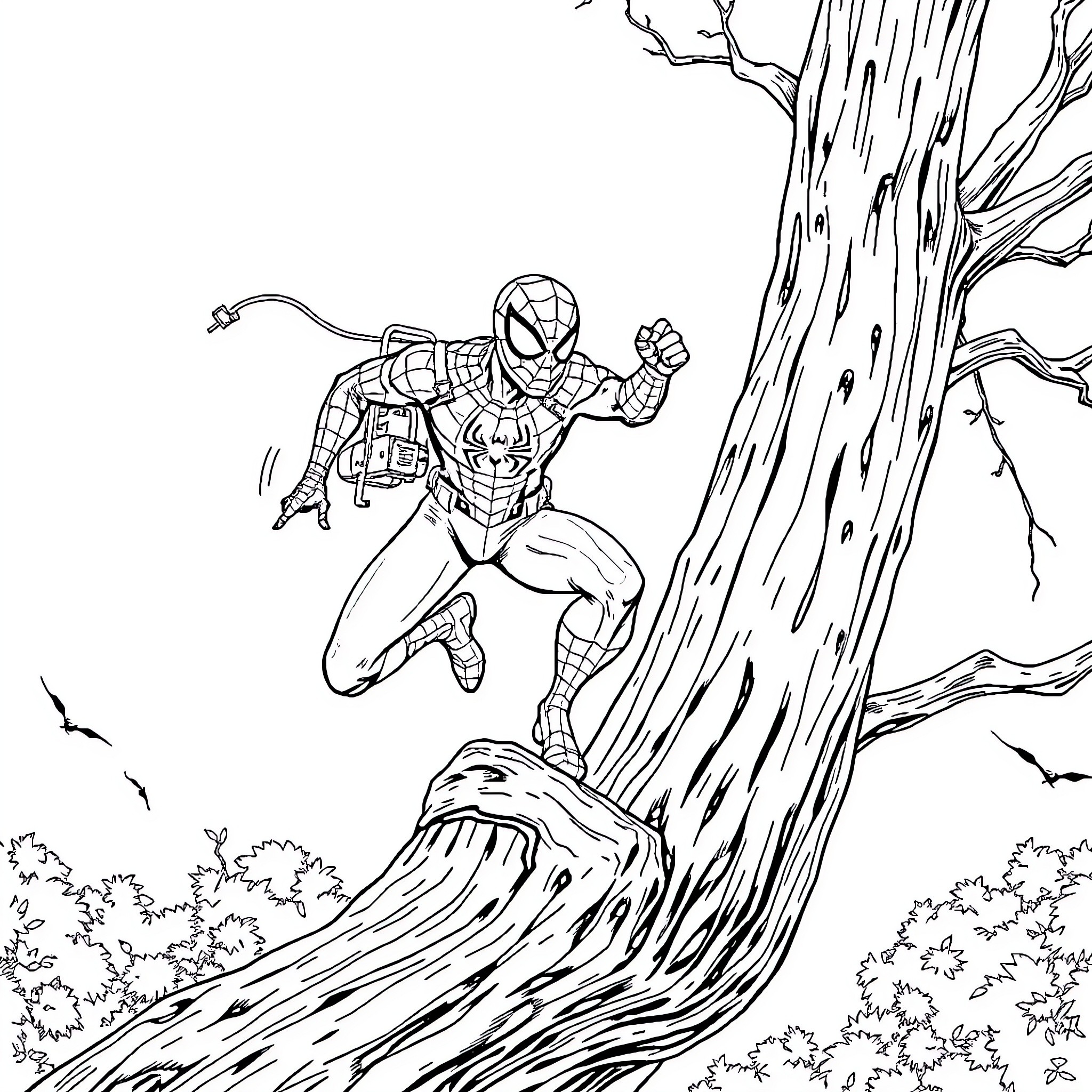 Spider-Man swinging through the city Coloring Page (free black-and-white line drawing printable PDF for all, from beginners to advanced learners, including children, teens, adults, and seniors)