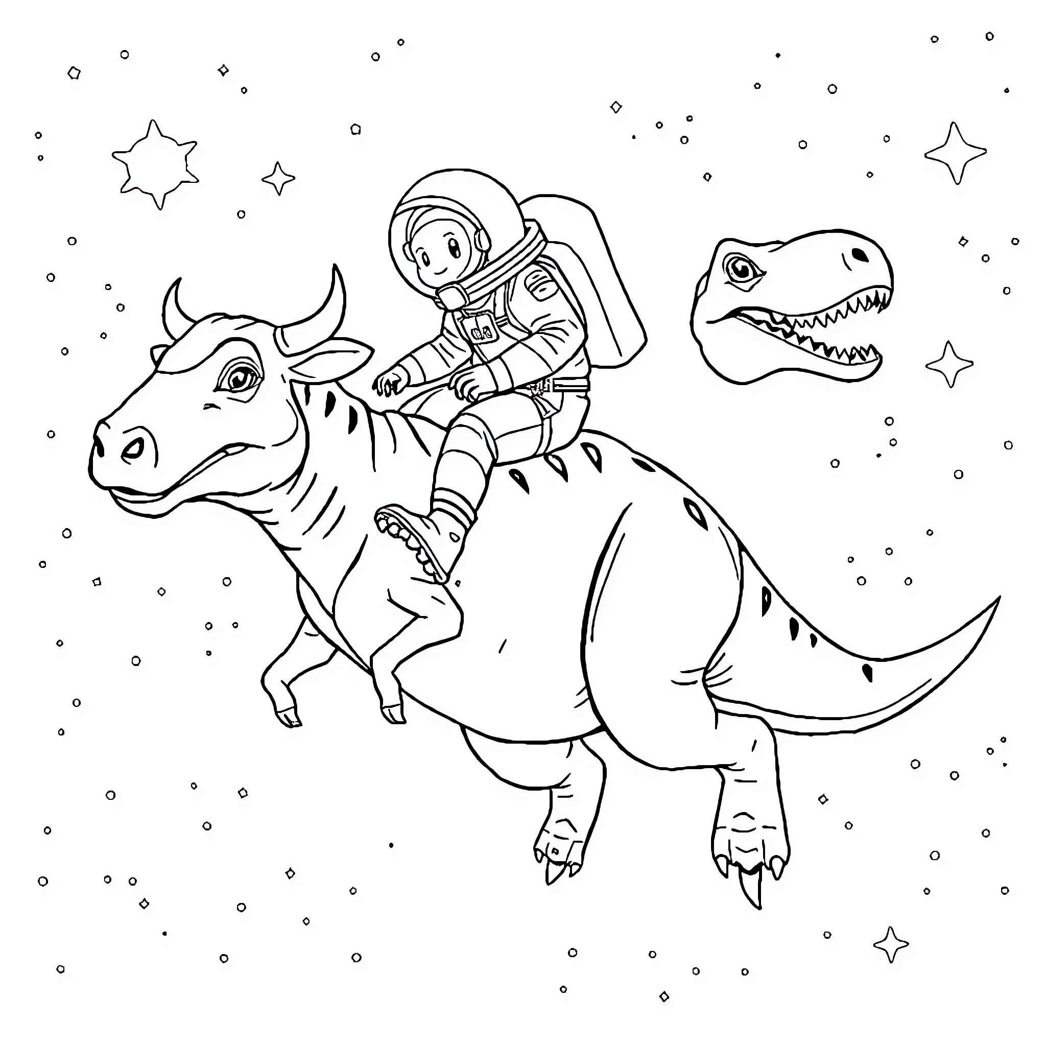 Cow astronaut rides a dinosaur in space Coloring Page (free black-and-white line drawing printable PDF for all, from beginners to advanced learners, including children, teens, adults, and seniors)