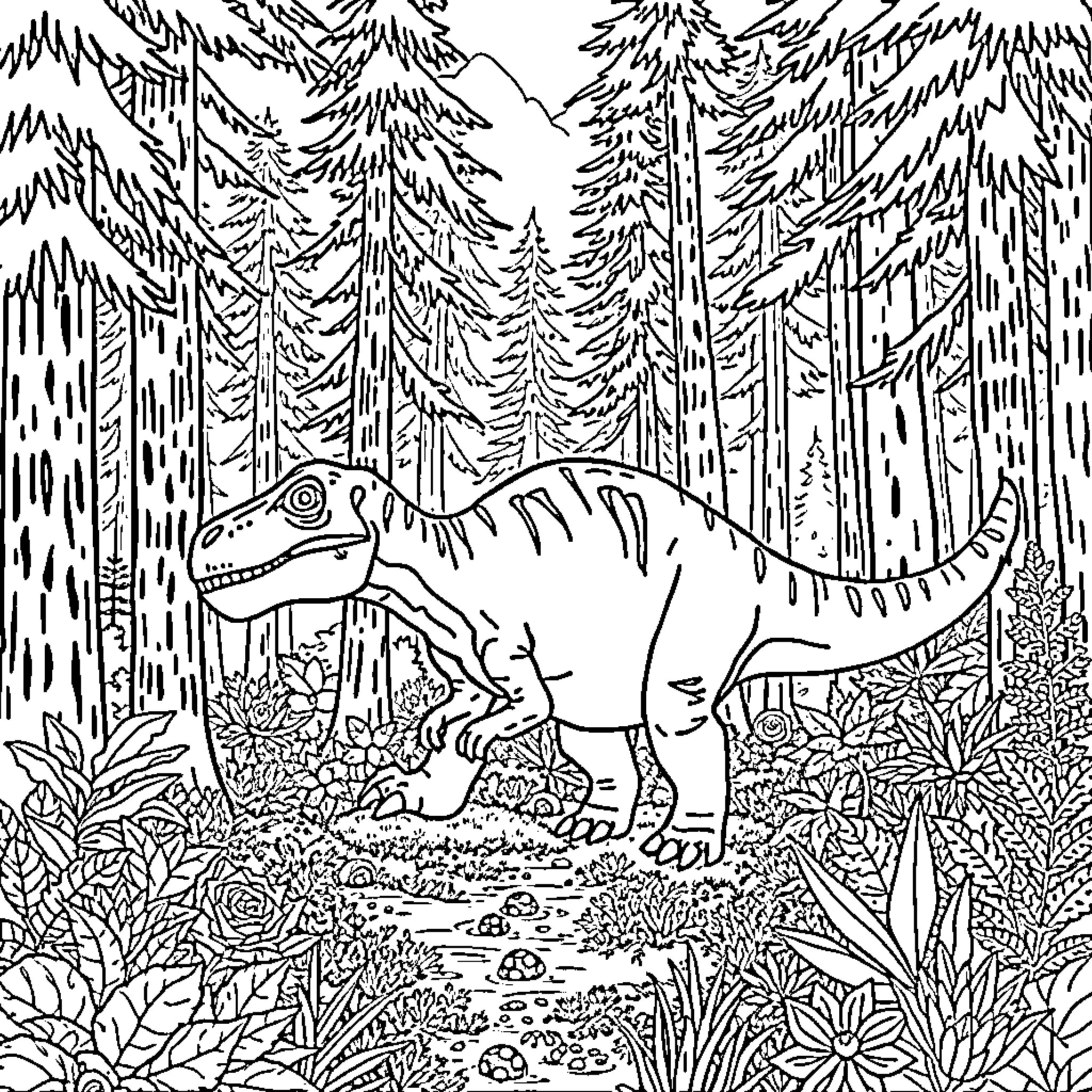Dinosaur exploring the lush forest Coloring Page (free black-and-white line drawing printable PDF for all, from beginners to advanced learners, including children, teens, adults, and seniors)