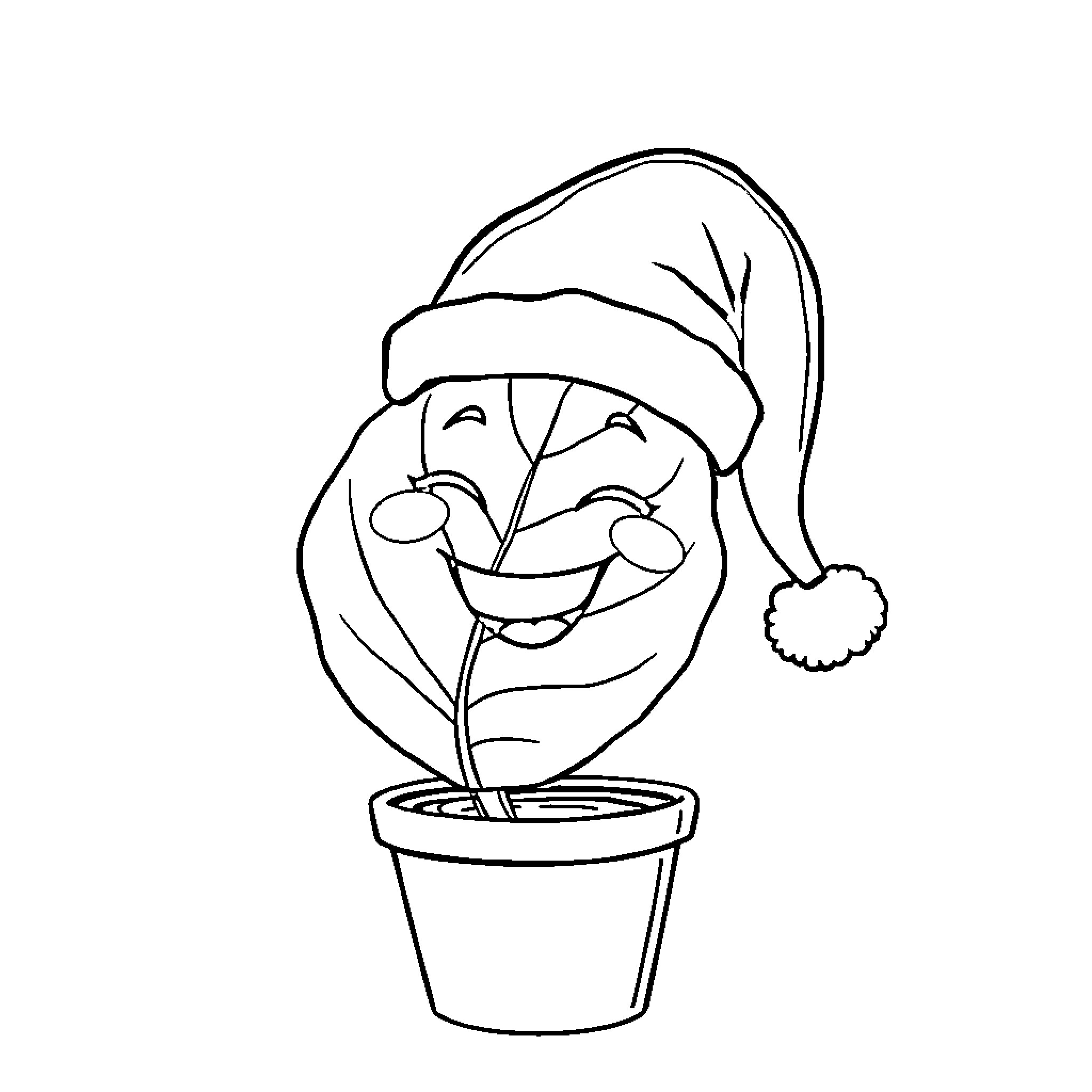 Pot Leaf plant wearing a Santa hat Coloring Page (free black-and-white line drawing printable PDF for all, from beginners to advanced learners, including children, teens, adults, and seniors)