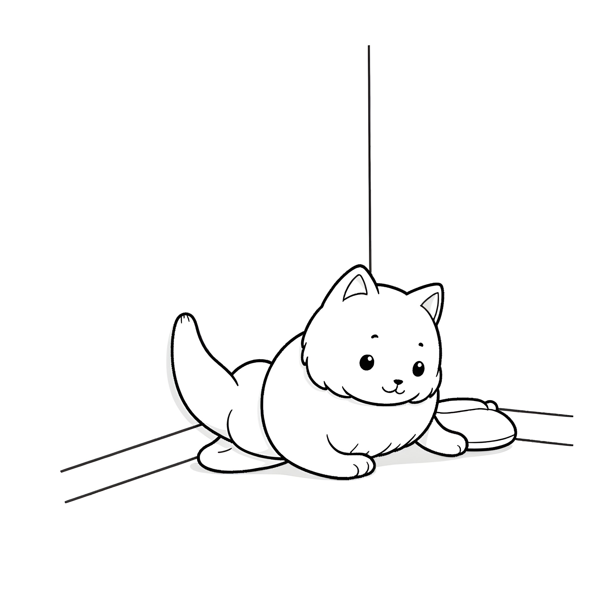 Asiamatas: Cute kitten playing with string Coloring Page (free black-and-white line drawing printable PDF for all, from beginners to advanced learners, including children, teens, adults, and seniors)