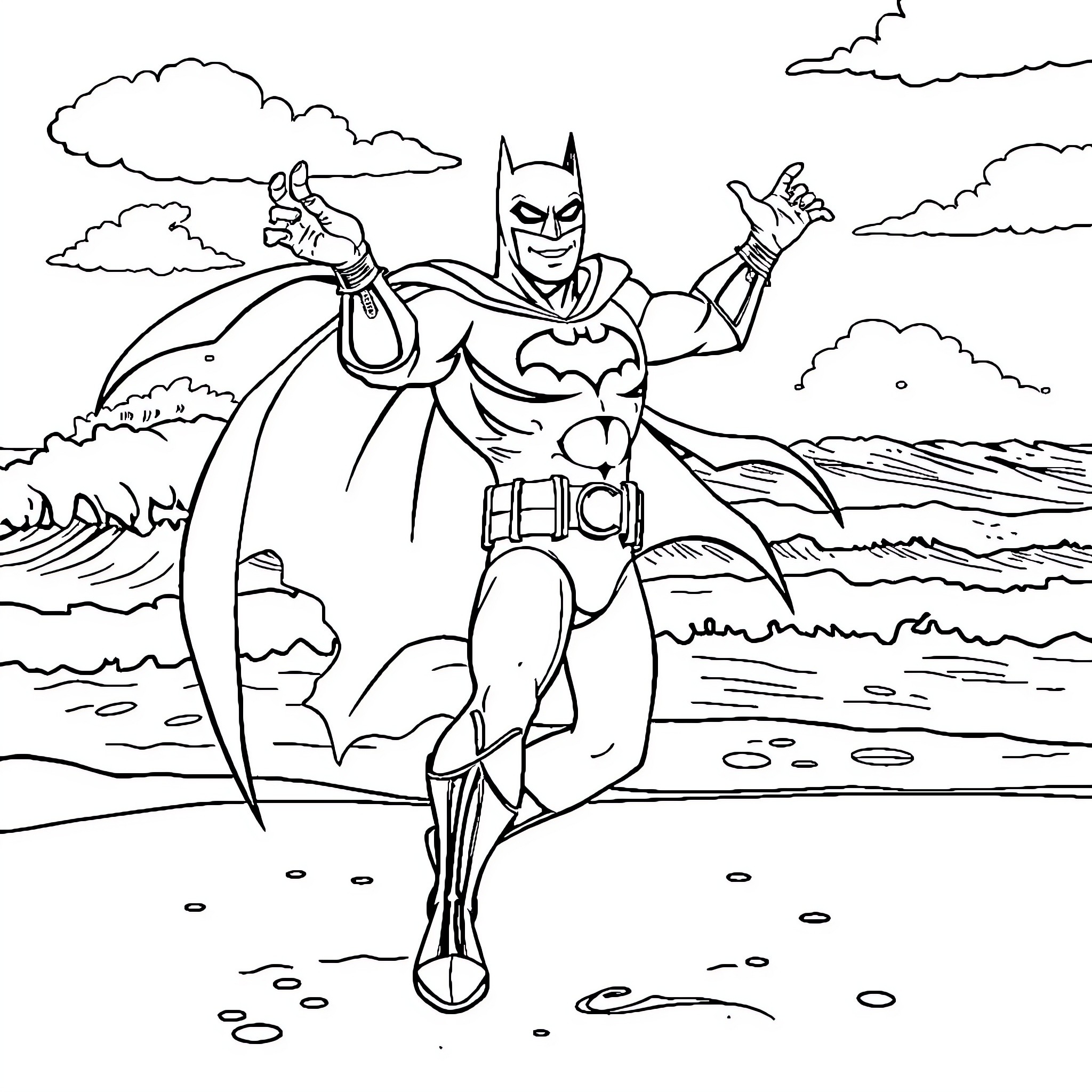 Batman heroically posing on a beach scene Coloring Page (free black-and-white line drawing printable PDF for all, from beginners to advanced learners, including children, teens, adults, and seniors)