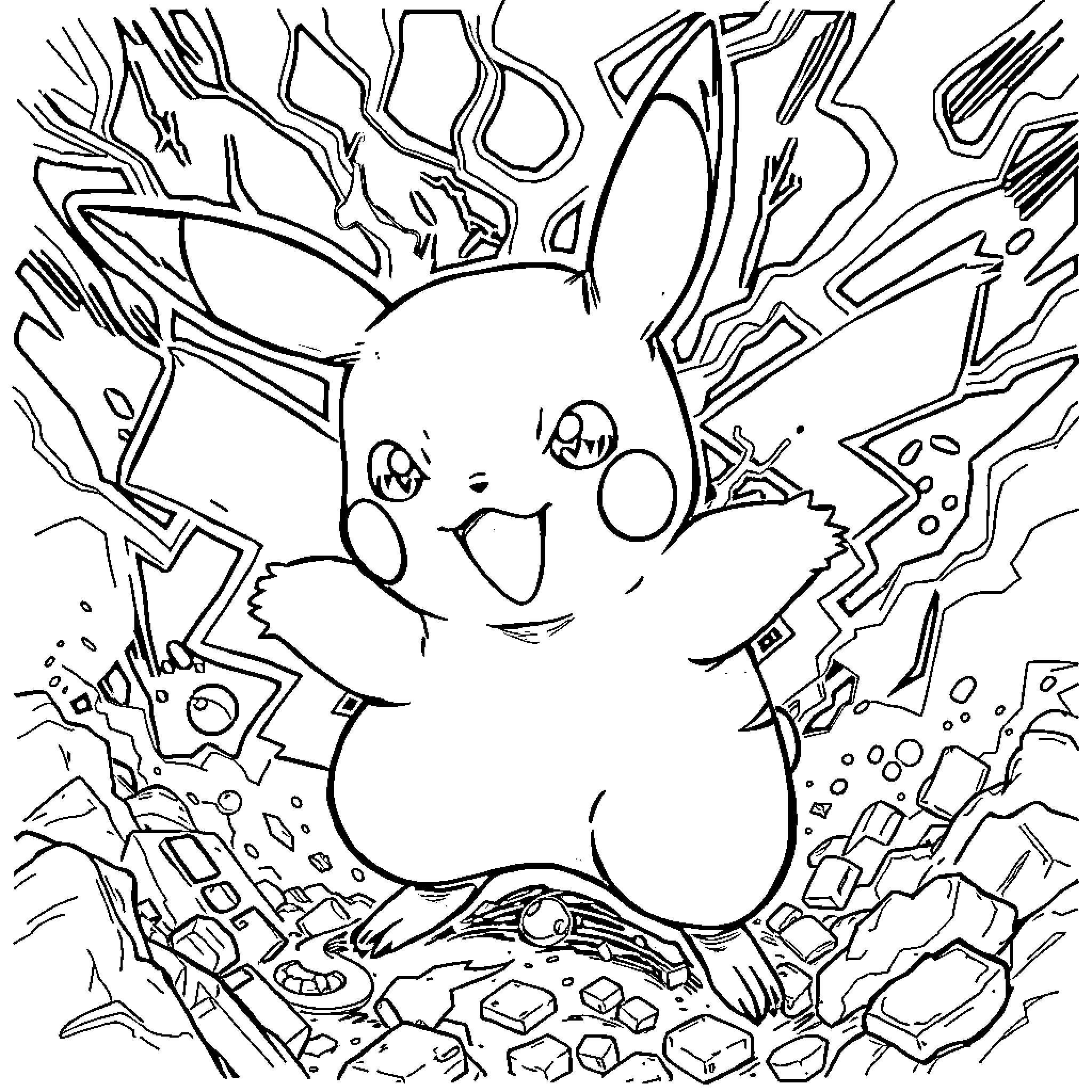 Pikachu's Electric Adventure Coloring Page (free black-and-white line drawing printable PDF for all, from beginners to advanced learners, including children, teens, adults, and seniors)