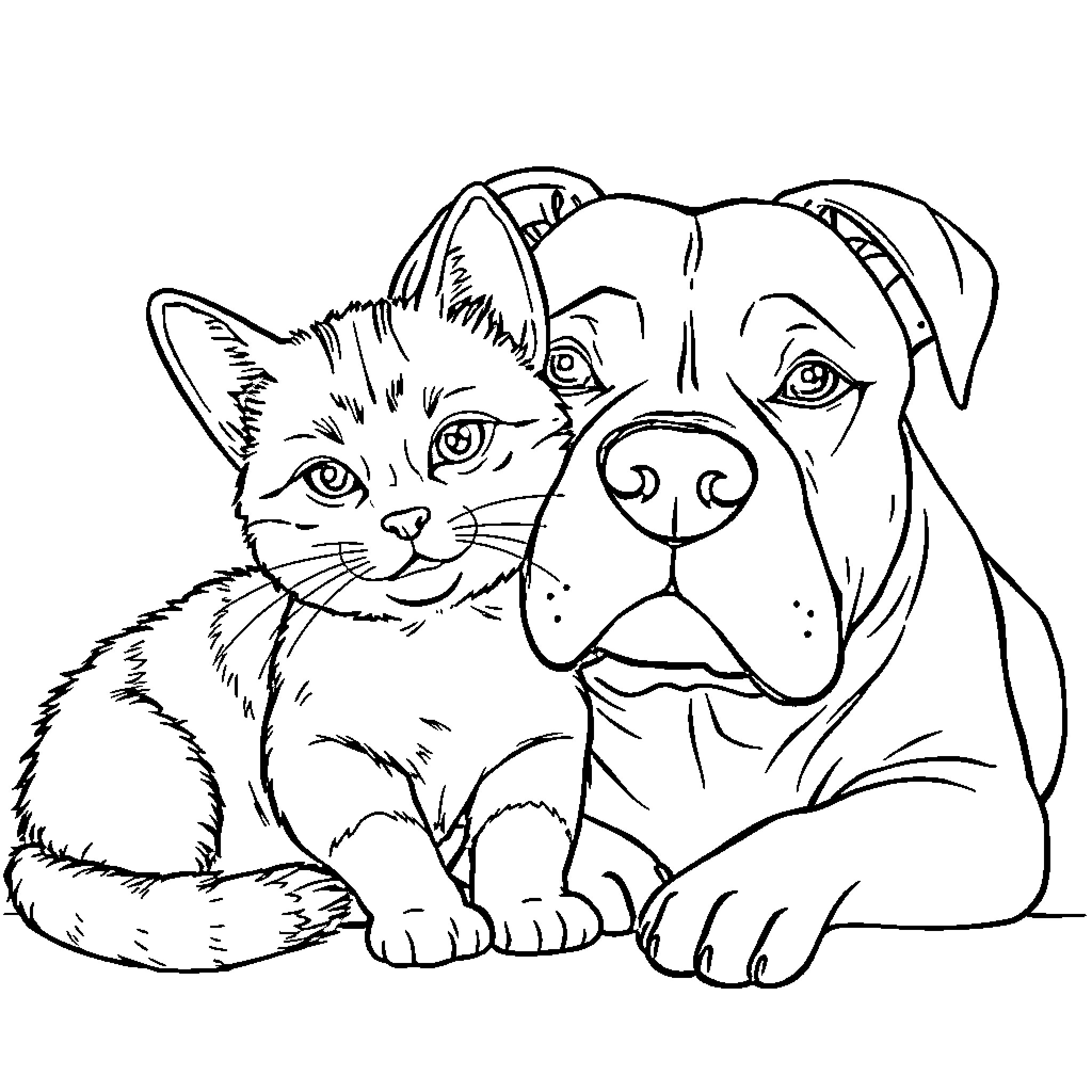 Cat and Dog Cuddling Affectionately Coloring Page (free black-and-white line drawing printable PDF for all, from beginners to advanced learners, including children, teens, adults, and seniors)