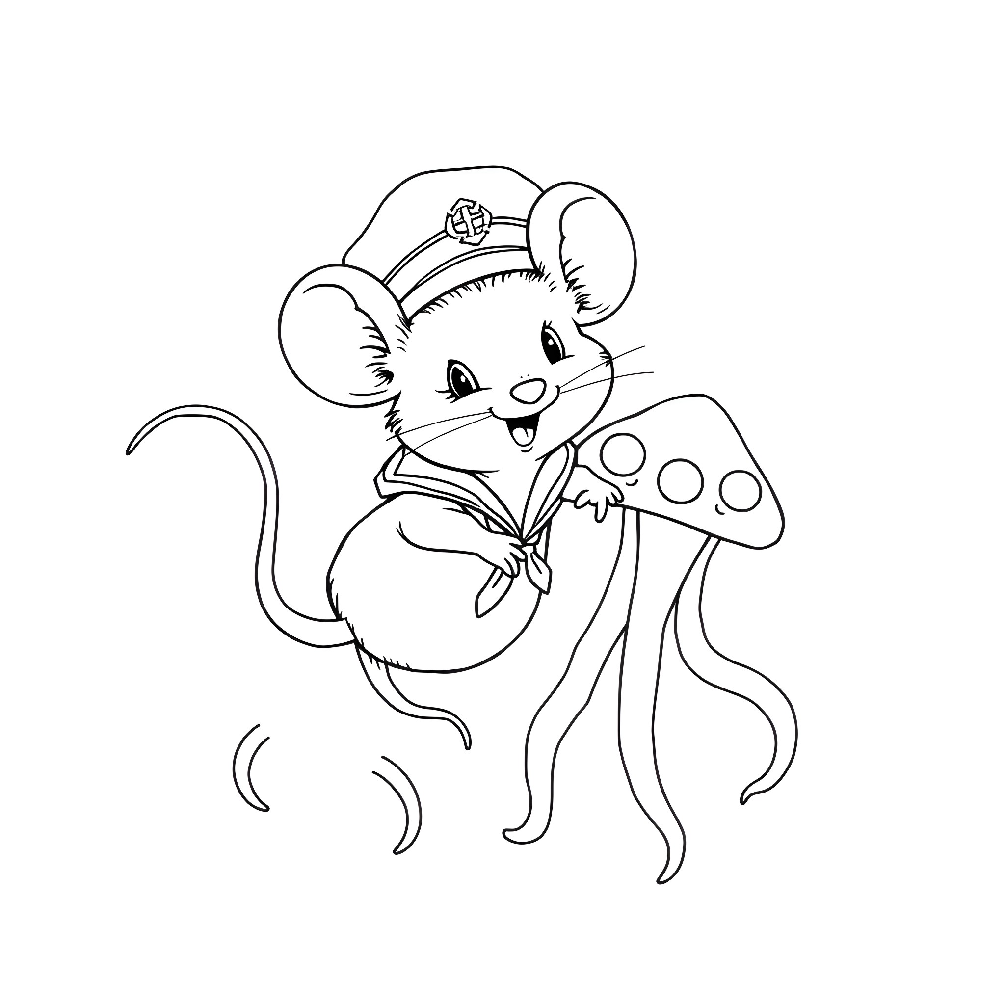 Mouse in Sailor Outfit Playing with Mushroom Coloring Page (free black-and-white line drawing printable PDF for all, from beginners to advanced learners, including children, teens, adults, and seniors)