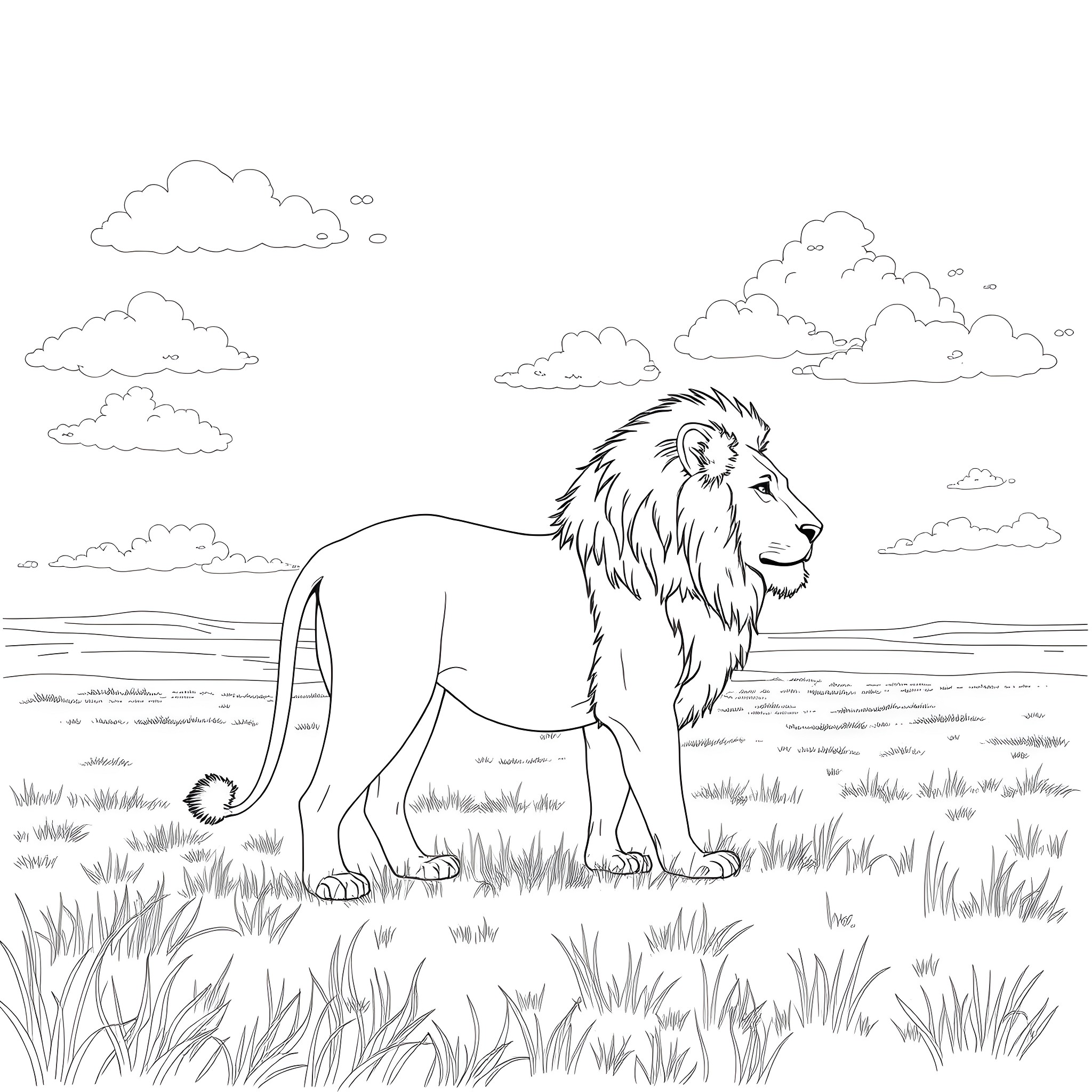 Lion walking in the grasslands Coloring Page (free black-and-white line drawing printable PDF for all, from beginners to advanced learners, including children, teens, adults, and seniors)