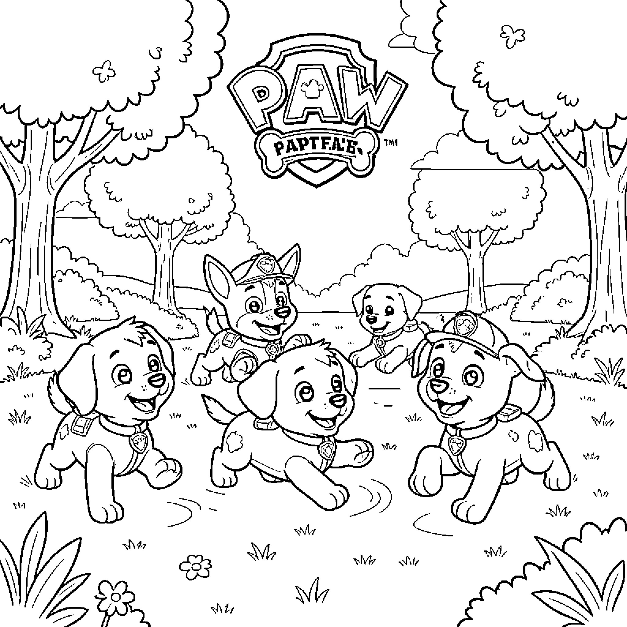 Paw Patrol pups playing joyfully in a grassy park Coloring Page (free black-and-white line drawing printable PDF for all, from beginners to advanced learners, including children, teens, adults, and seniors)