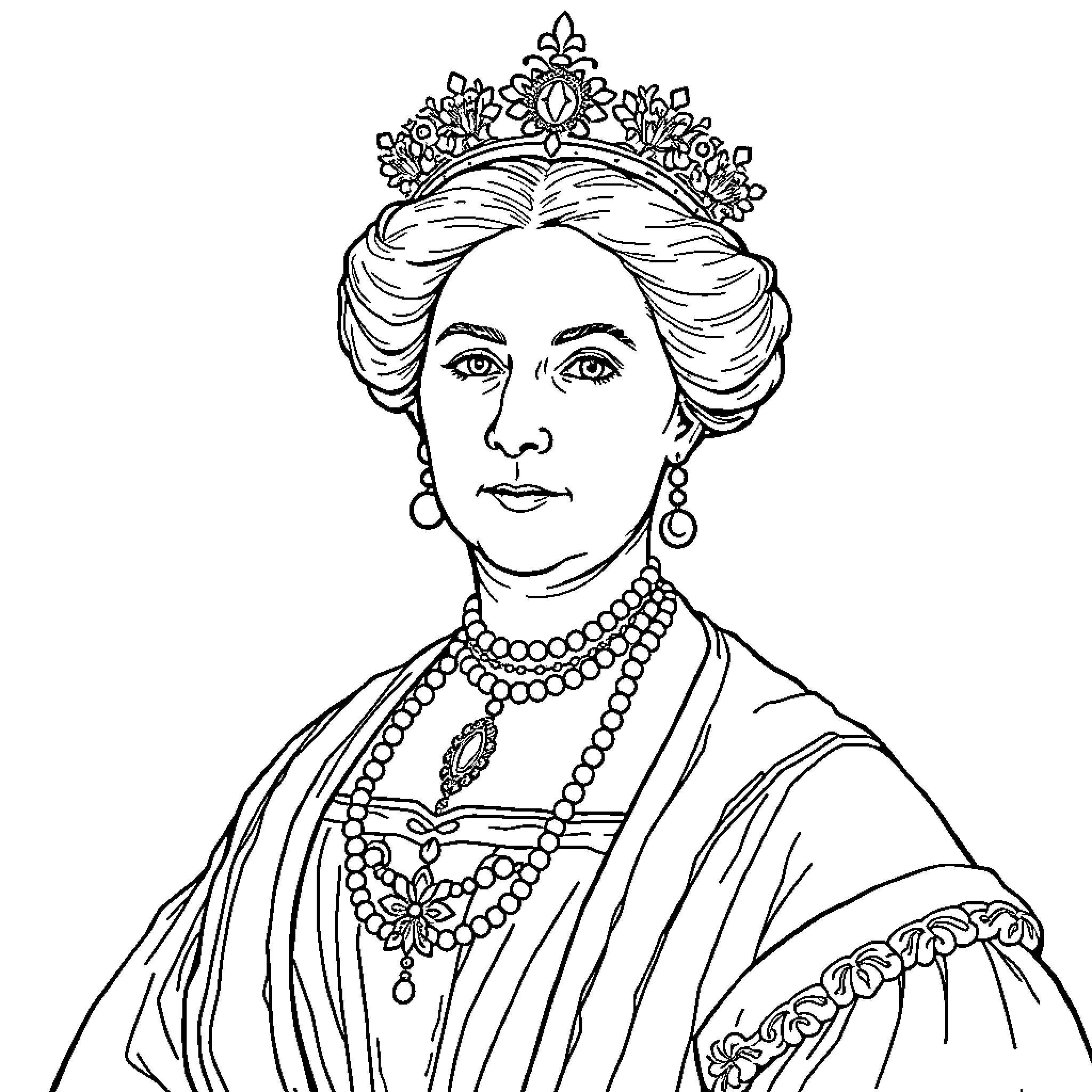 Queen Victoria in Royal Regalia Coloring Page (free black-and-white line drawing printable PDF for all, from beginners to advanced learners, including children, teens, adults, and seniors)