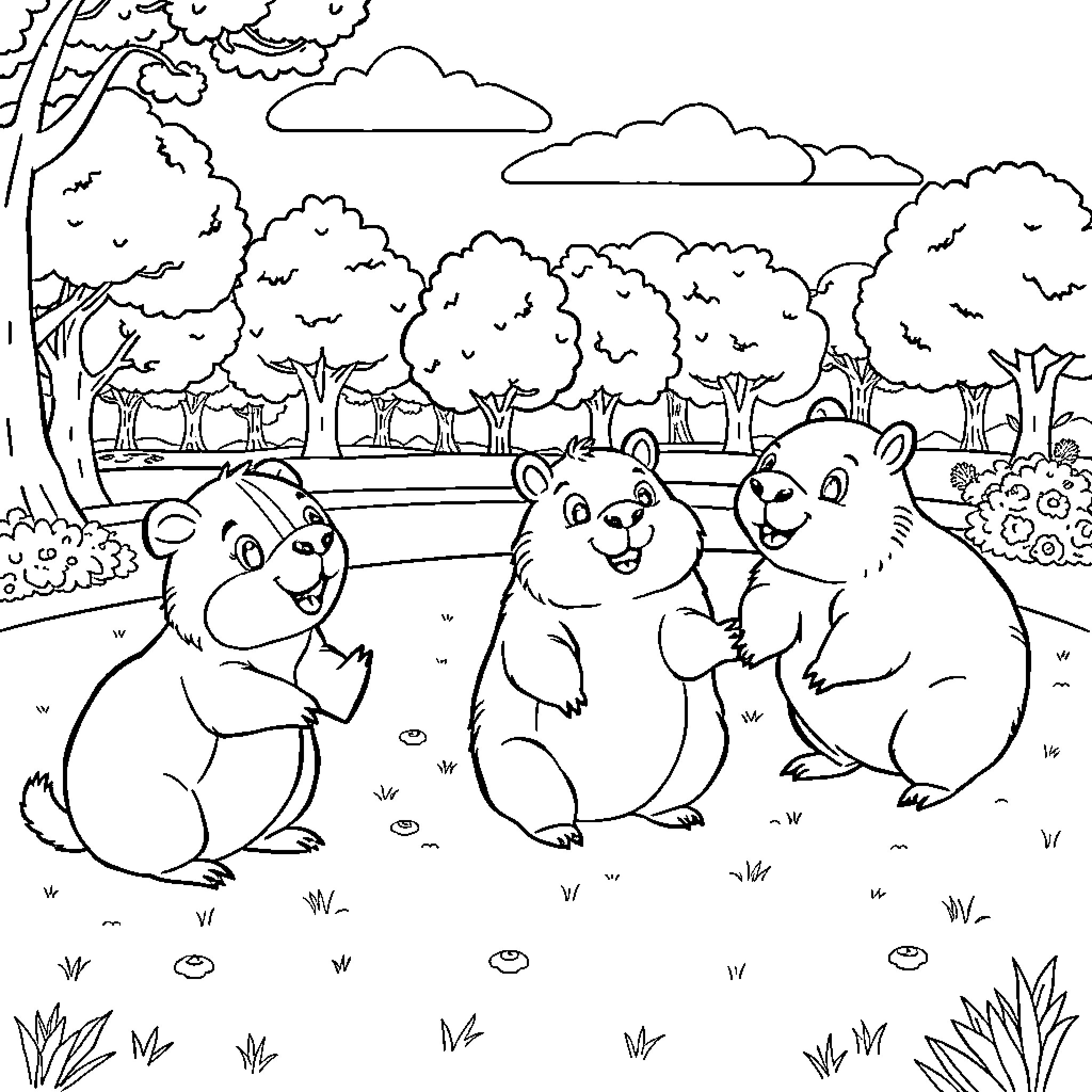 Capybaras enjoying a day in the park Coloring Page (free black-and-white line drawing printable PDF for all, from beginners to advanced learners, including children, teens, adults, and seniors)