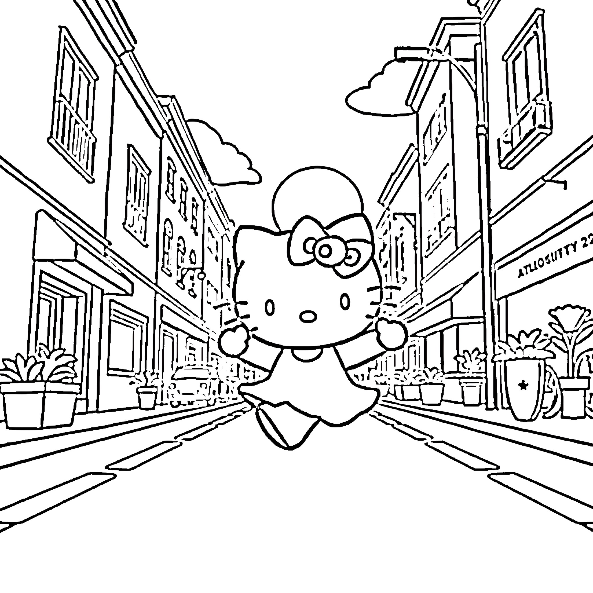 Hello Kitty exploring a city street Coloring Page (free black-and-white line drawing printable PDF for all, from beginners to advanced learners, including children, teens, adults, and seniors)