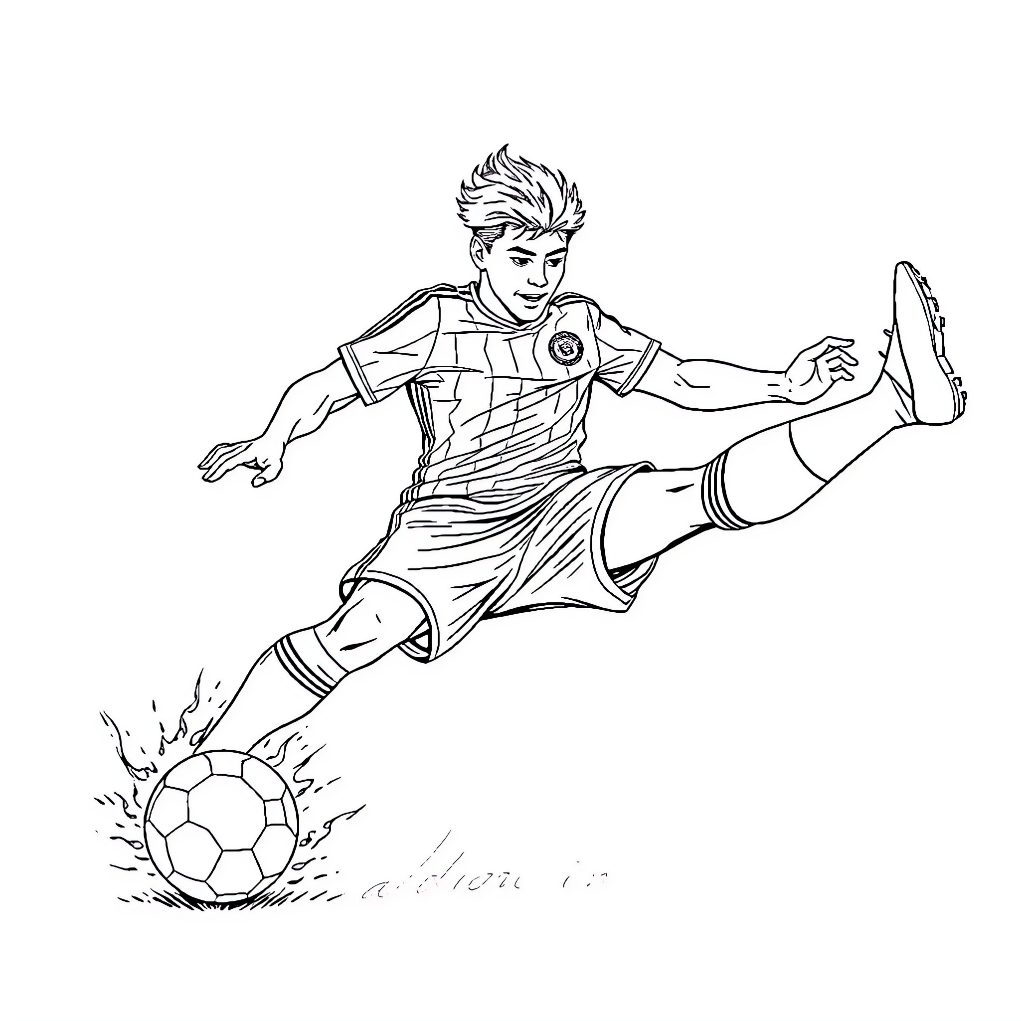Futbolista kicking a soccer ball with determination Coloring Page (free black-and-white line drawing printable PDF for all, from beginners to advanced learners, including children, teens, adults, and seniors)