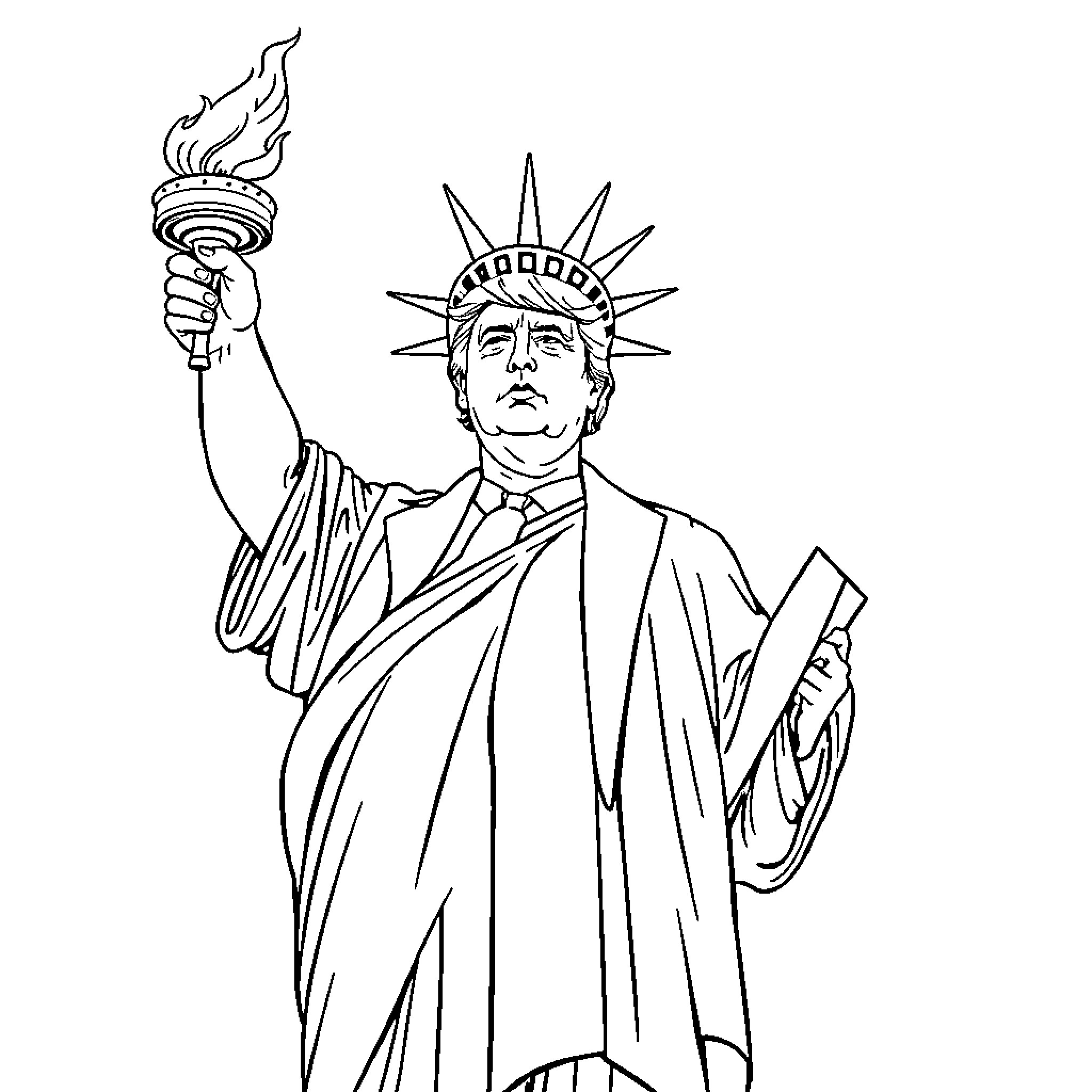 Donald Trump as the Statue of Liberty holding a flaming torch Coloring Page (free black-and-white line drawing printable PDF for all, from beginners to advanced learners, including children, teens, adults, and seniors)