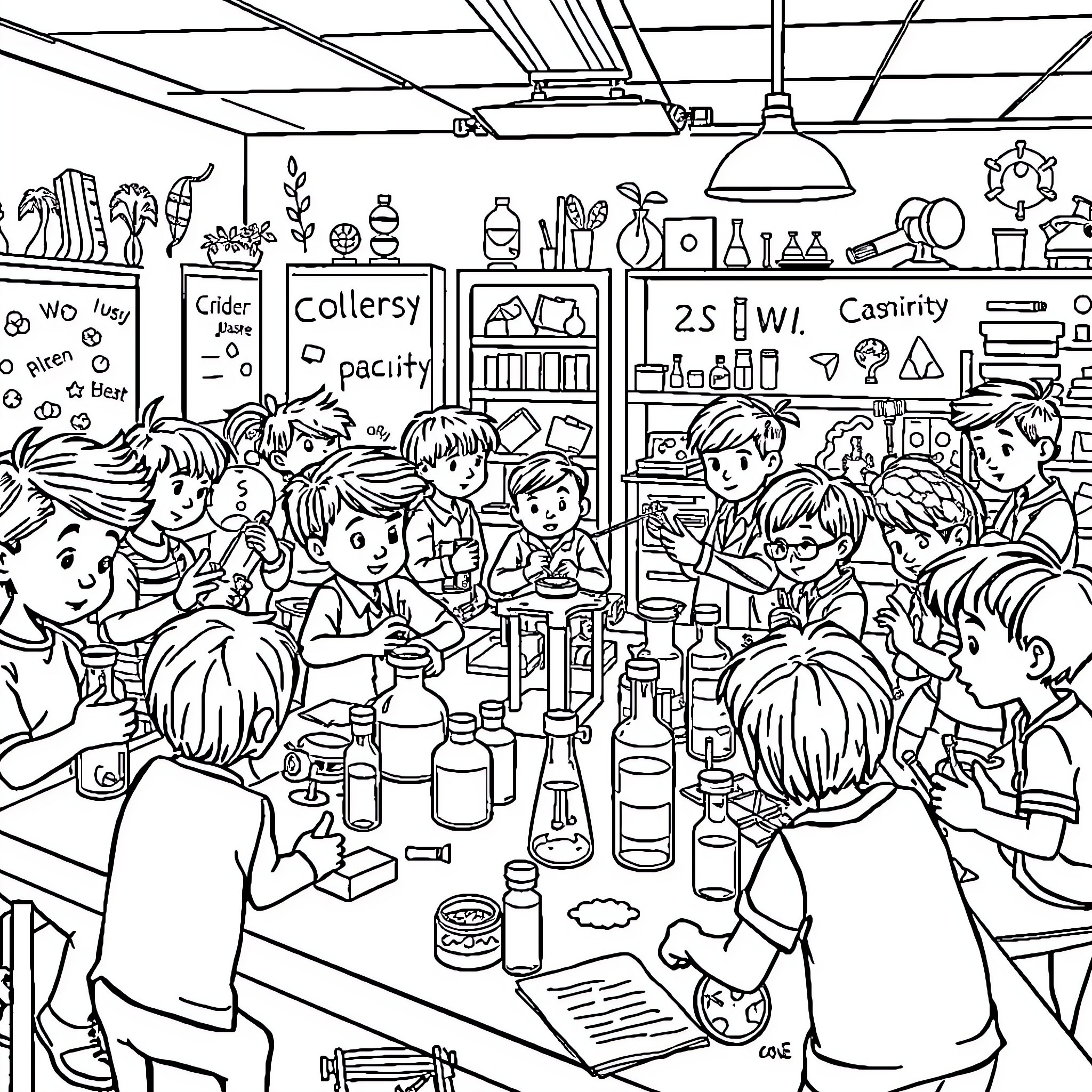 Science activity in a classroom full of students Coloring Page (free black-and-white line drawing printable PDF for all, from beginners to advanced learners, including children, teens, adults, and seniors)