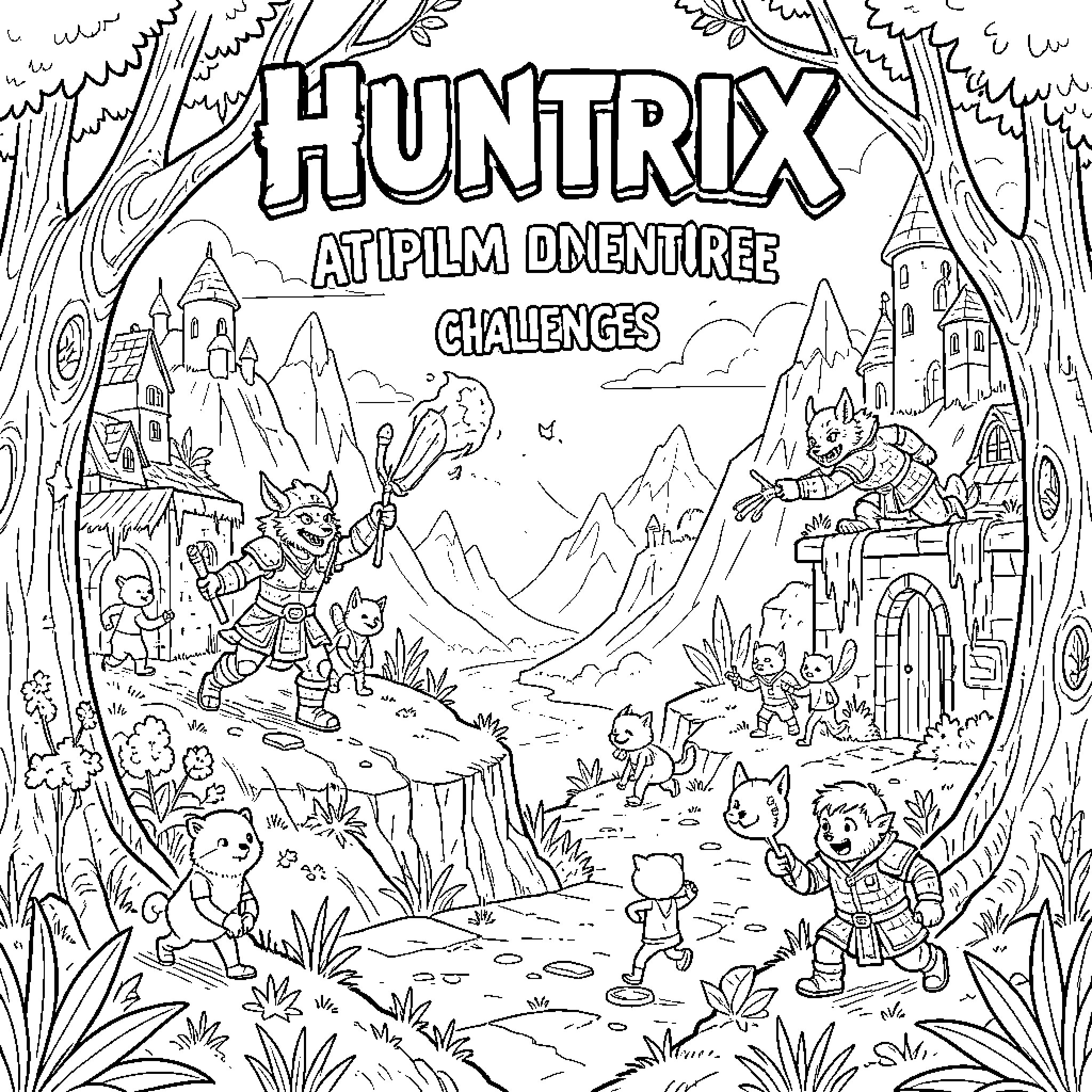 Huntrix characters exploring a fantasy mountain landscape Coloring Page (free black-and-white line drawing printable PDF for all, from beginners to advanced learners, including children, teens, adults, and seniors)