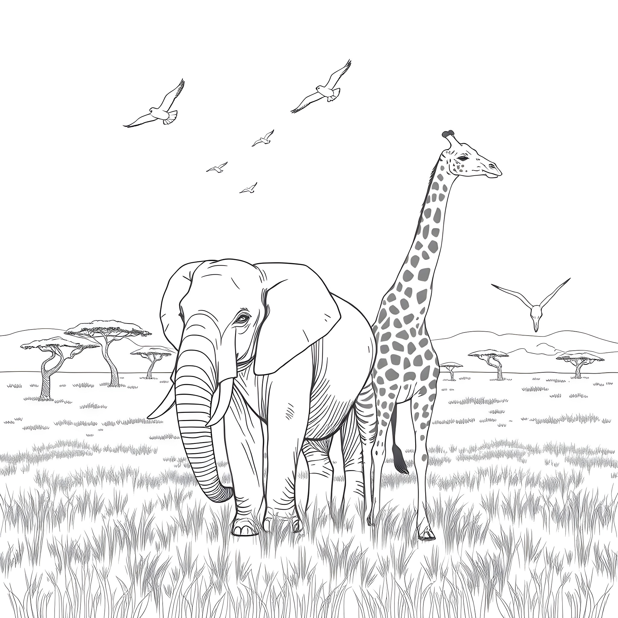 Animal Safari in the Savanna Coloring Page (free black-and-white line drawing printable PDF for all, from beginners to advanced learners, including children, teens, adults, and seniors)