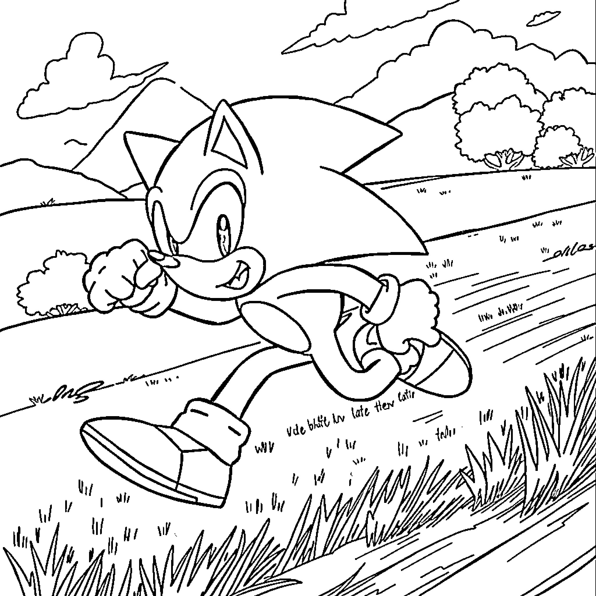 Sonic rushing through a scenic landscape Coloring Page (free black-and-white line drawing printable PDF for all, from beginners to advanced learners, including children, teens, adults, and seniors)