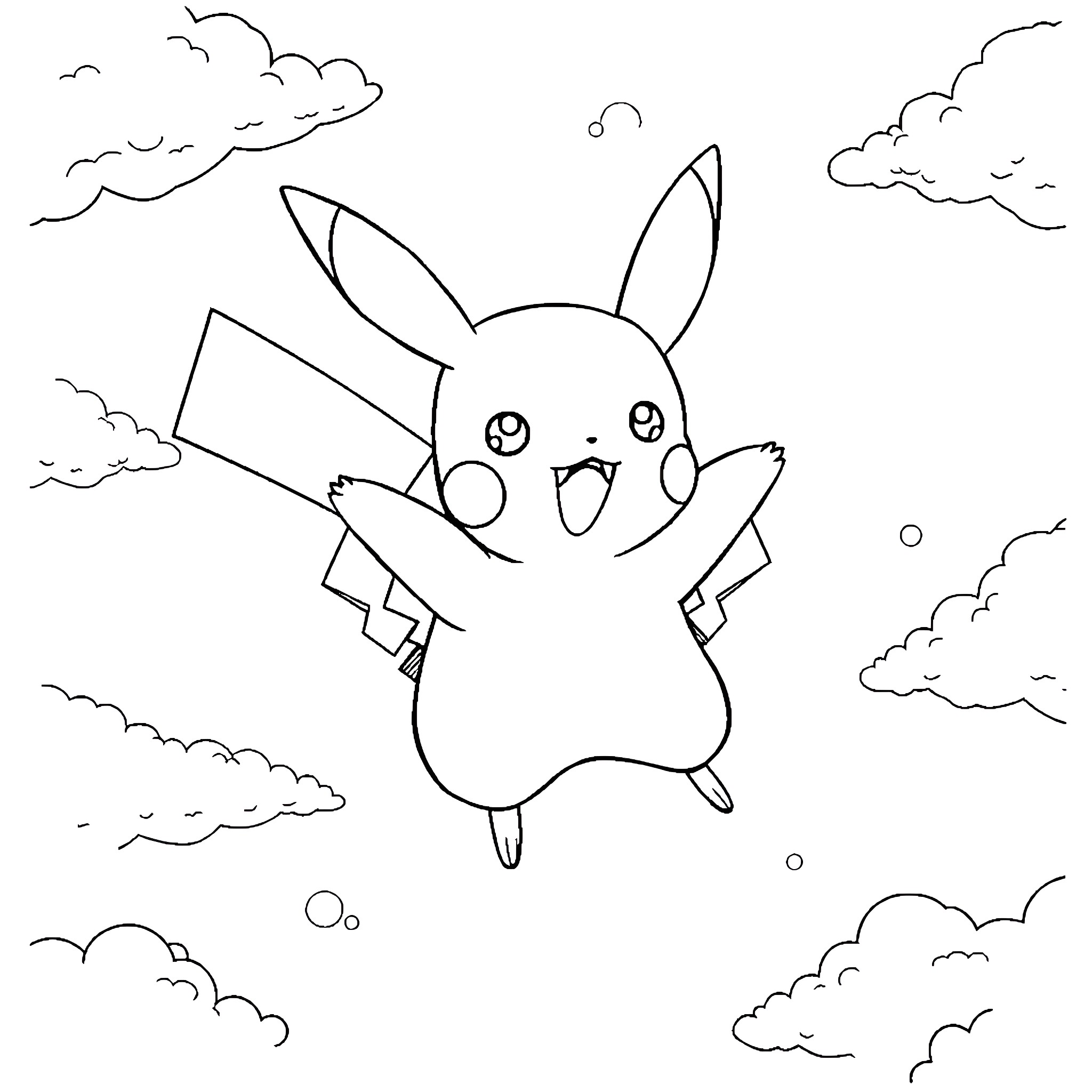 Pikachu joyfully floating in the sky Coloring Page (free black-and-white line drawing printable PDF for all, from beginners to advanced learners, including children, teens, adults, and seniors)