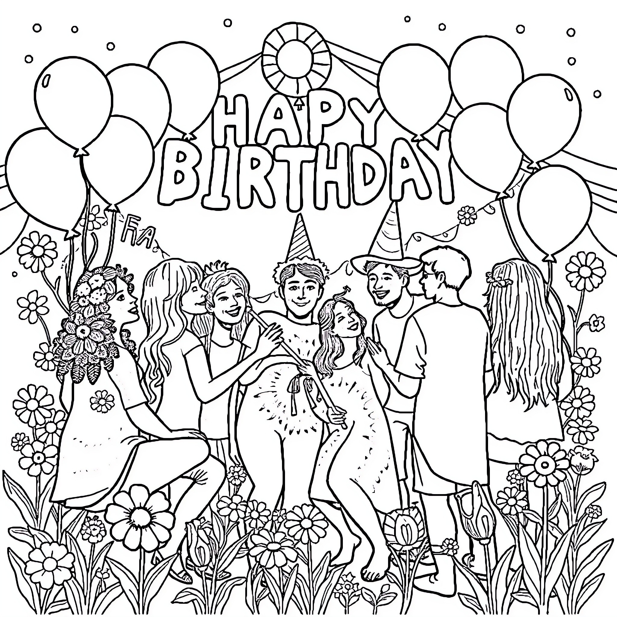 Hippy birthday celebration with festive friends Coloring Page (free black-and-white line drawing printable PDF for all, from beginners to advanced learners, including children, teens, adults, and seniors)