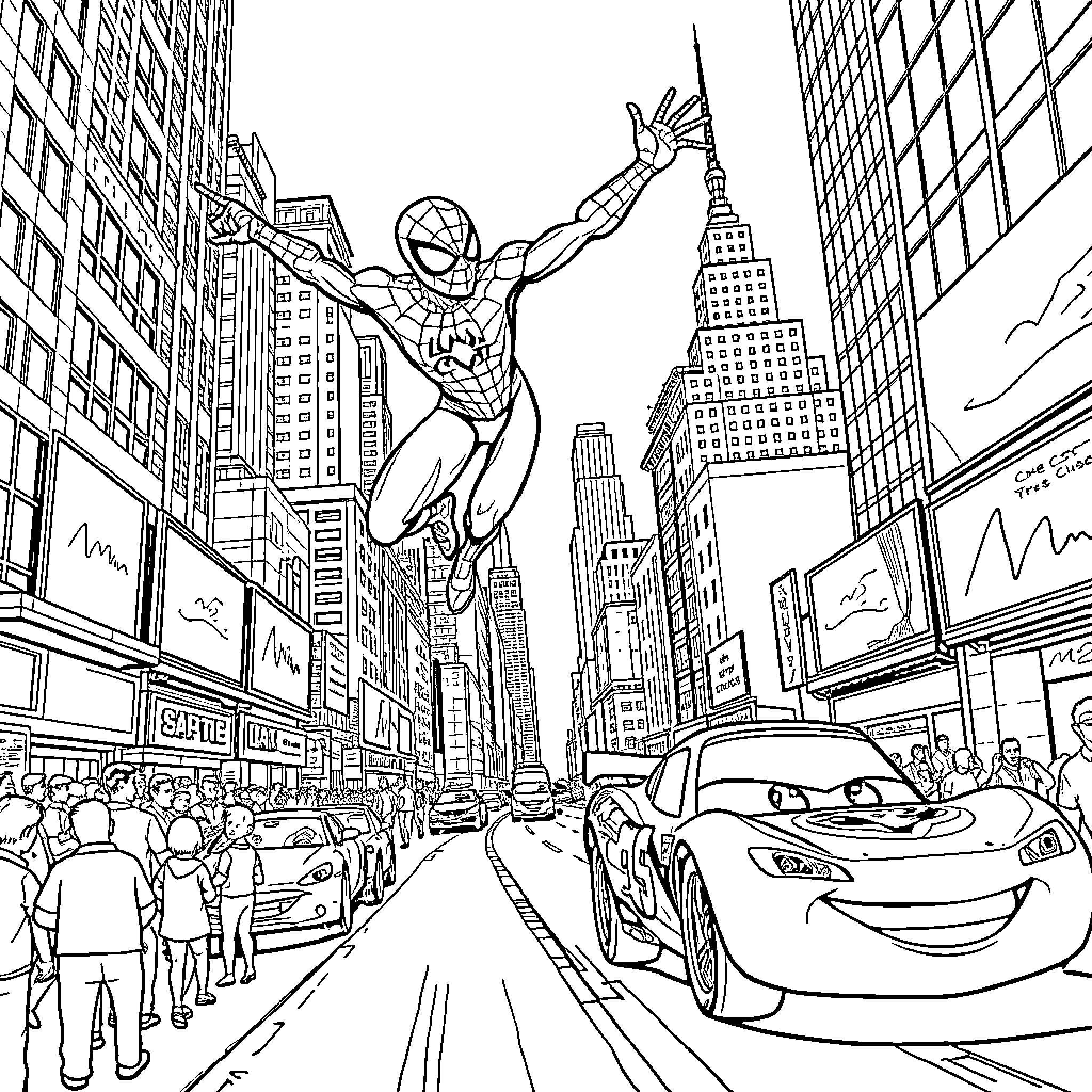 Spiderman swinging over the busy city streets Coloring Page (free black-and-white line drawing printable PDF for all, from beginners to advanced learners, including children, teens, adults, and seniors)