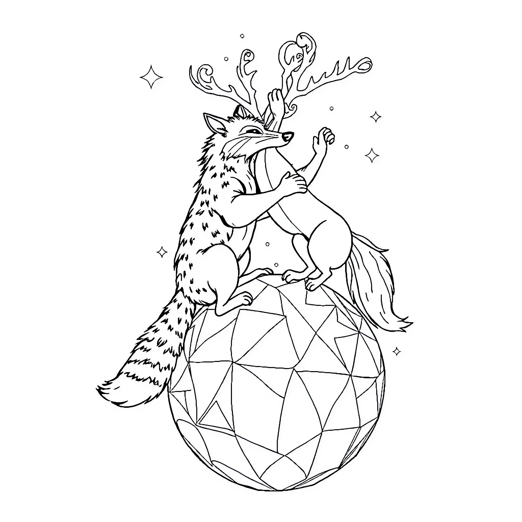 Fox leaping joyfully on a sparkling diamond Coloring Page (free black-and-white line drawing printable PDF for all, from beginners to advanced learners, including children, teens, adults, and seniors)